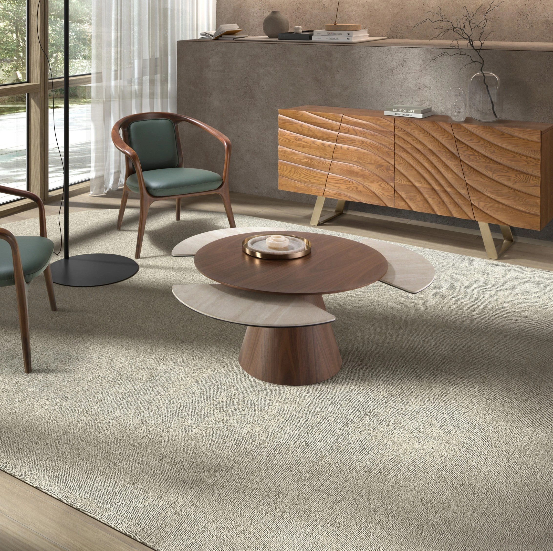 Table basse extensible ronde en noyer et marbre porcelainé
