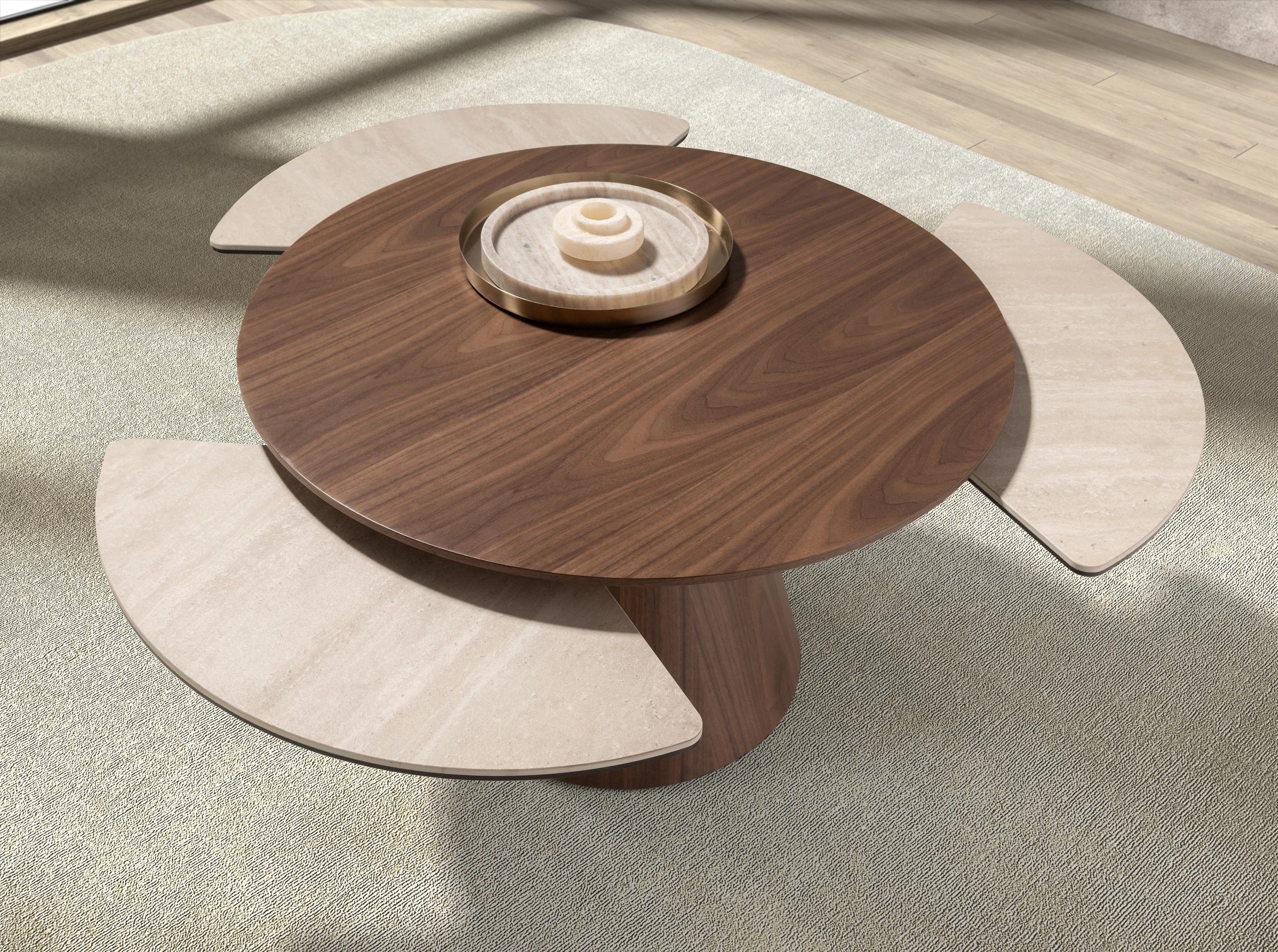 Table basse extensible ronde en noyer et marbre porcelainé
