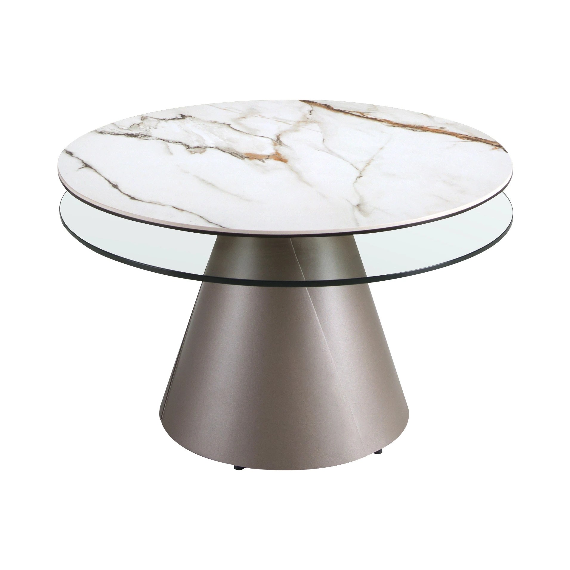 Table basse extensible ronde en verre trempé, marbre céramique et acier gris argenté