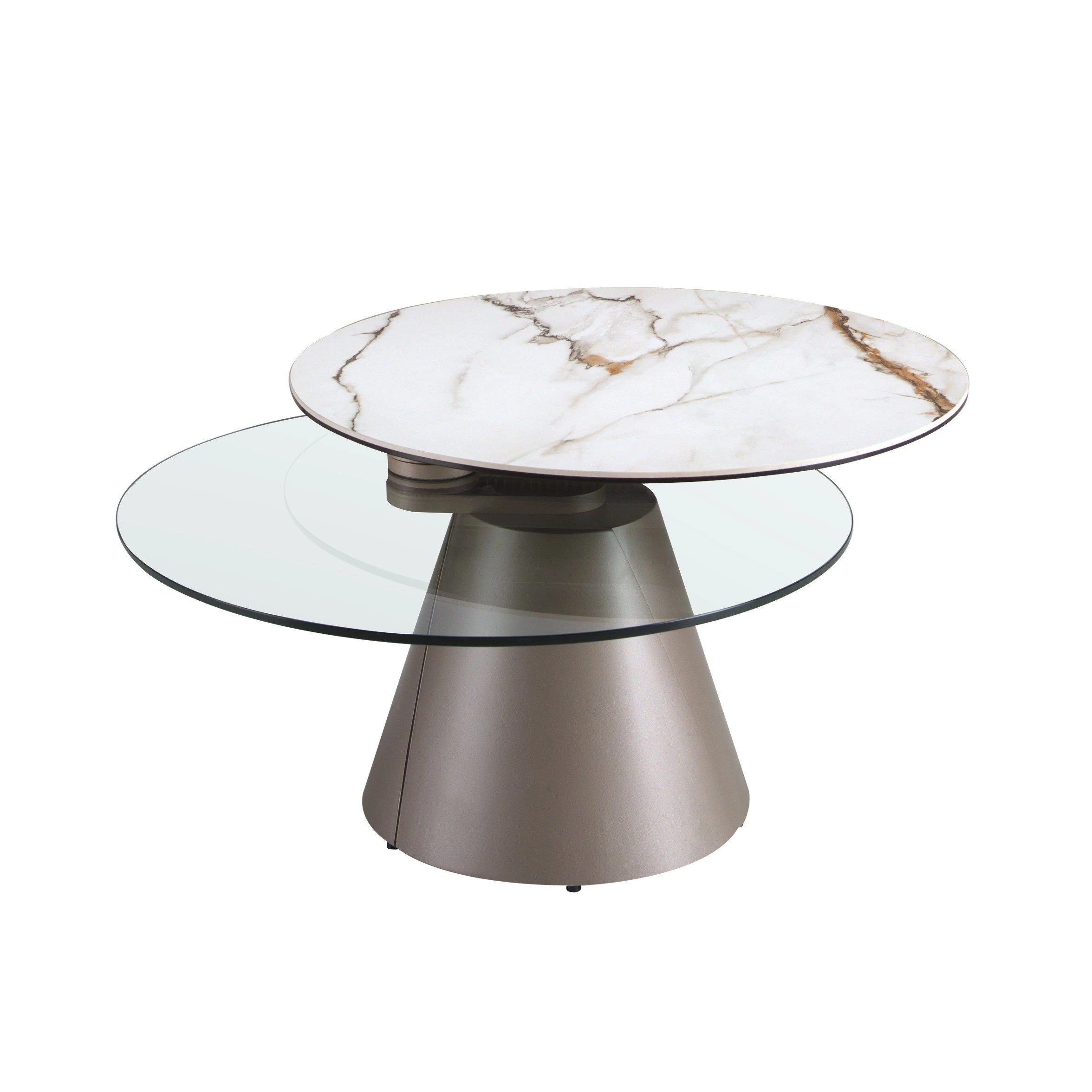 Table basse extensible ronde en verre trempé, marbre céramique et acier gris argenté