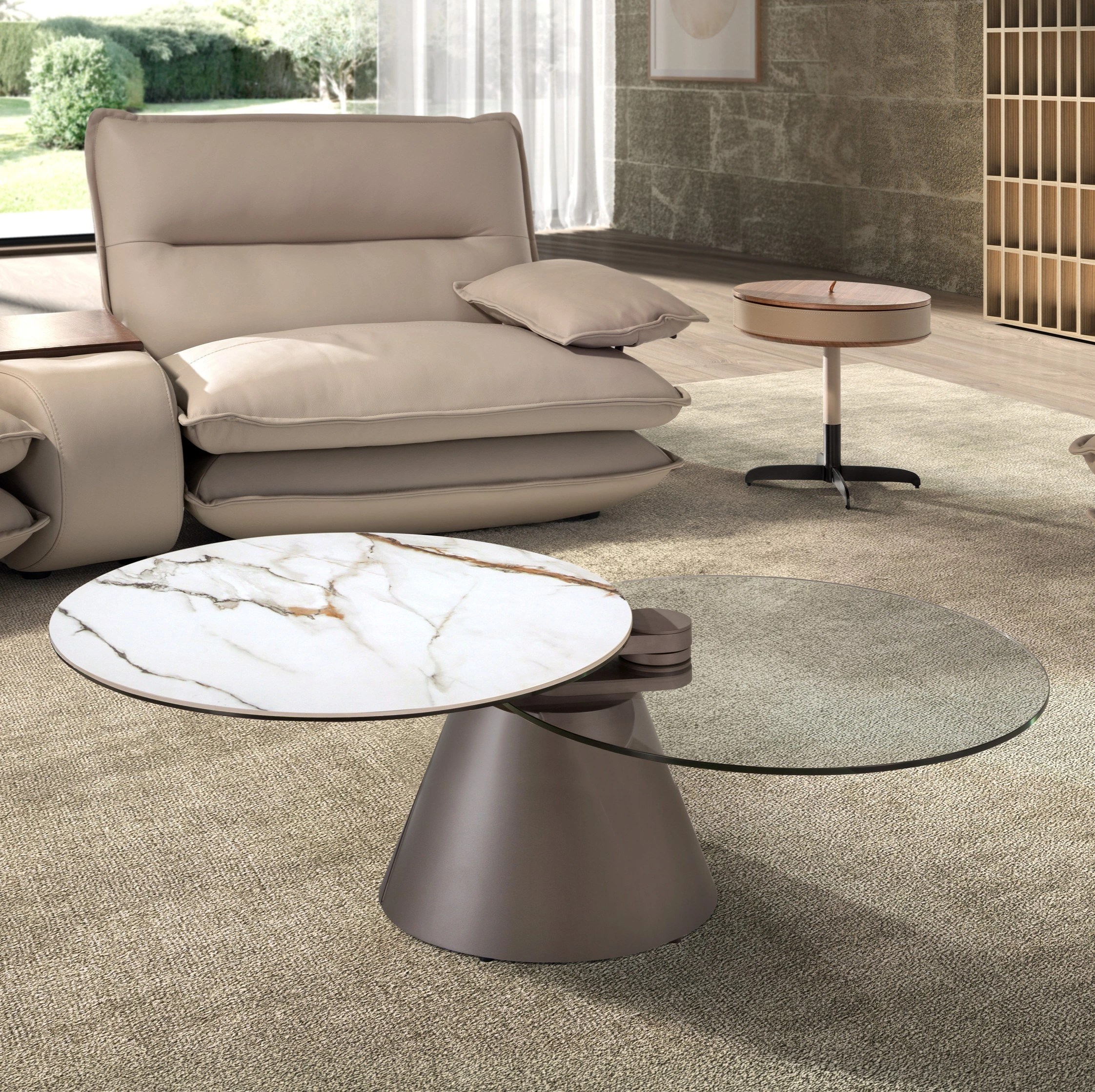 Table basse extensible ronde en verre trempé, marbre céramique et acier gris argenté