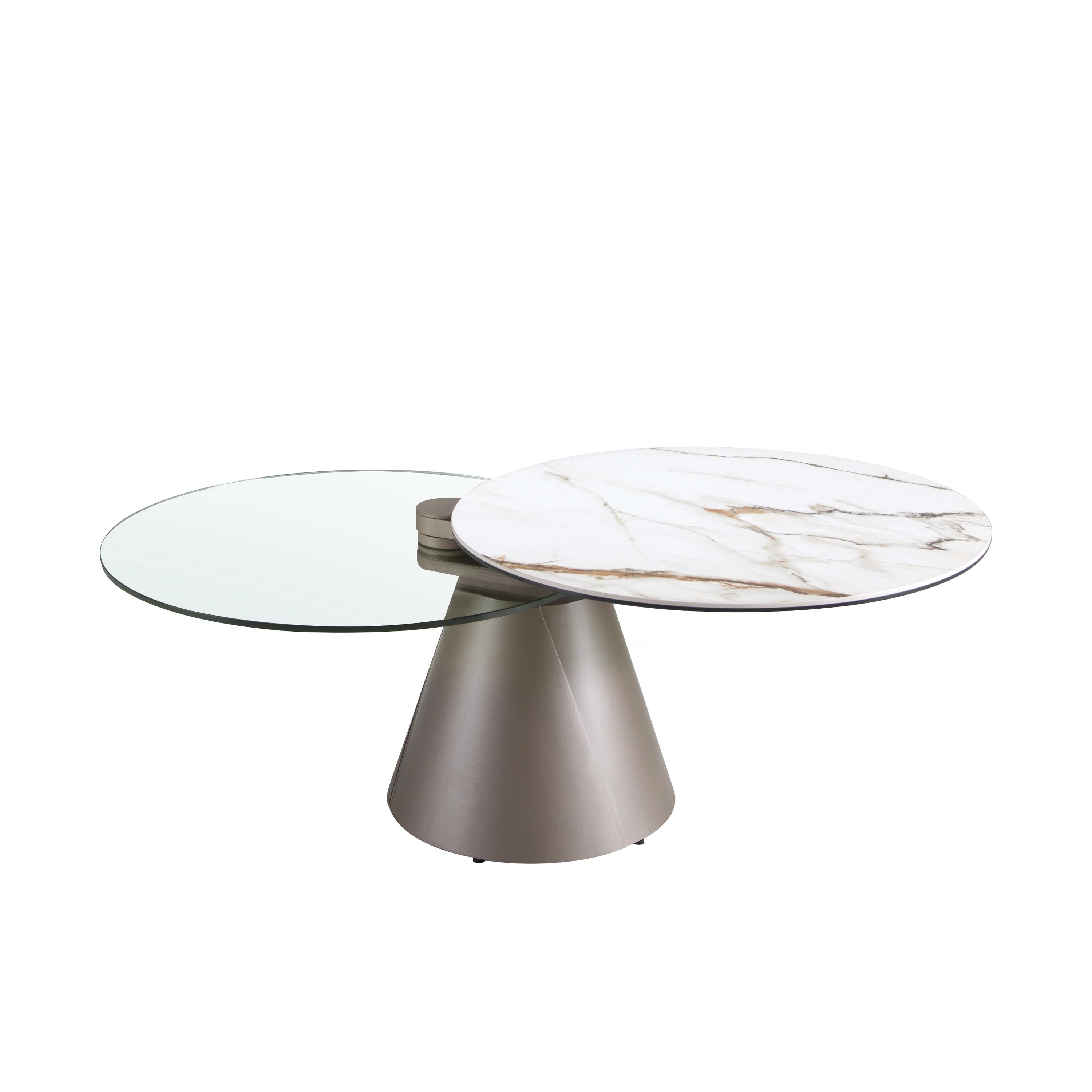 Table basse extensible ronde en verre trempé, marbre céramique et acier gris argenté