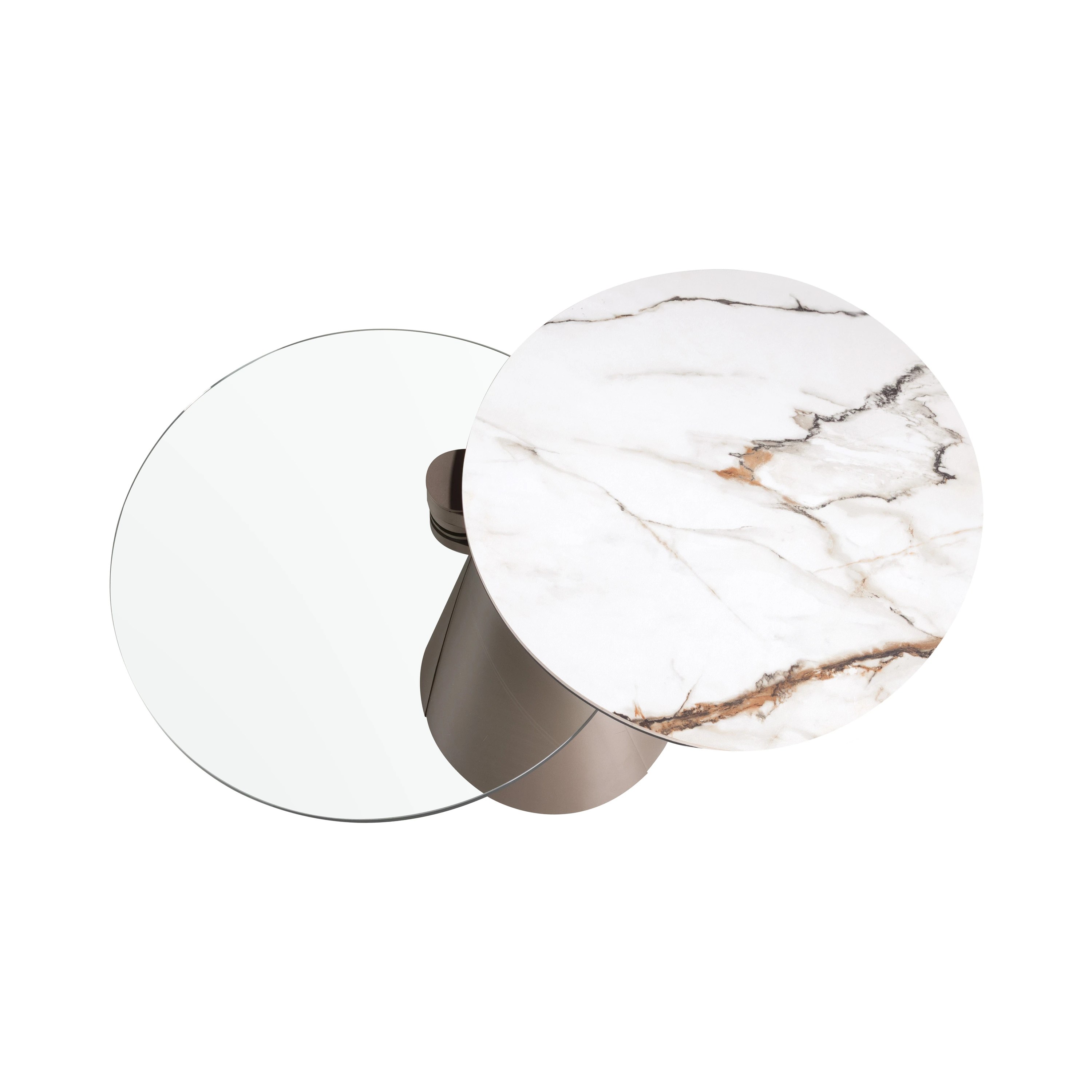 Table basse extensible ronde en verre trempé, marbre céramique et acier gris argenté