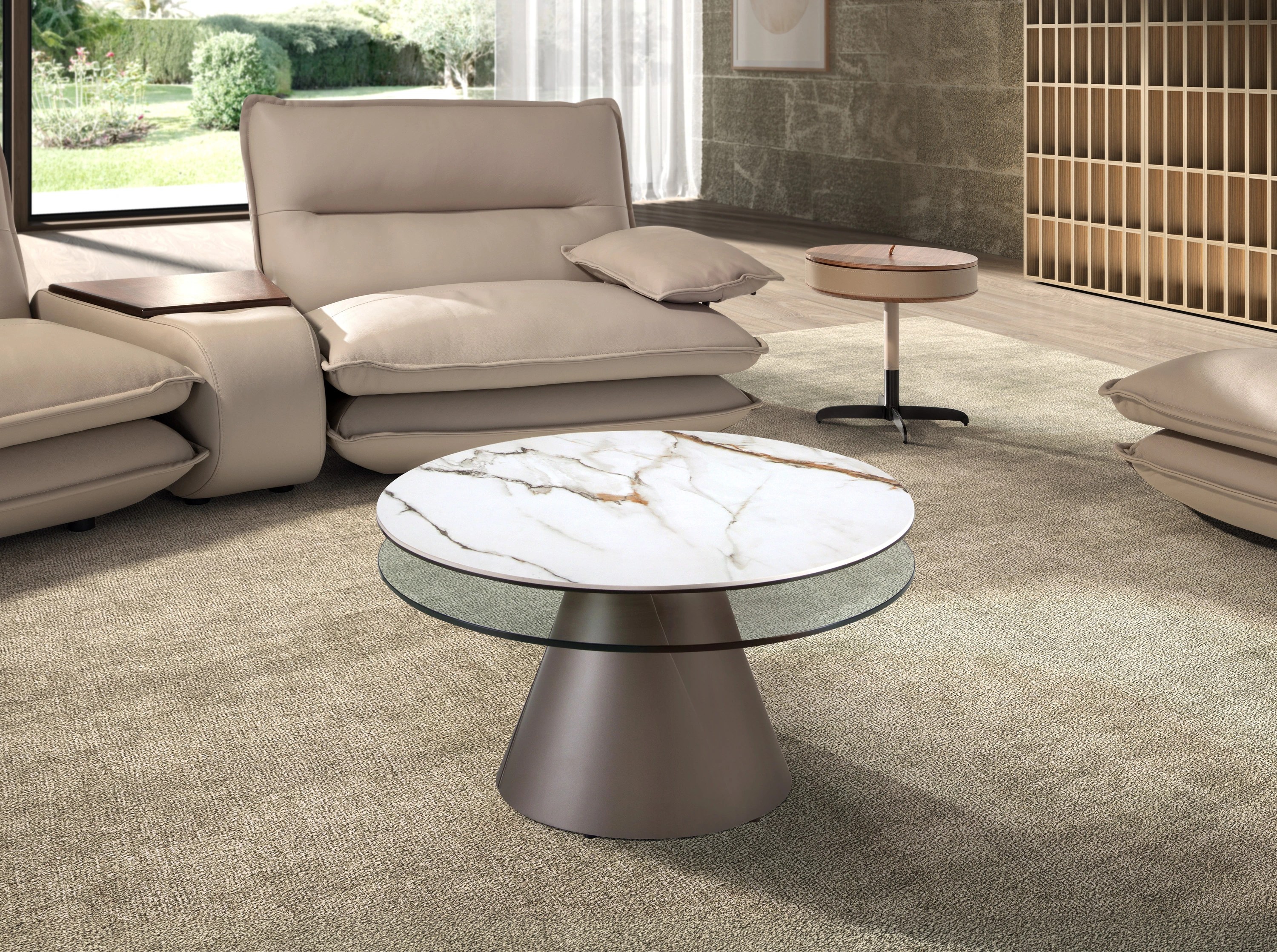 Table basse extensible ronde en verre trempé, marbre céramique et acier gris argenté