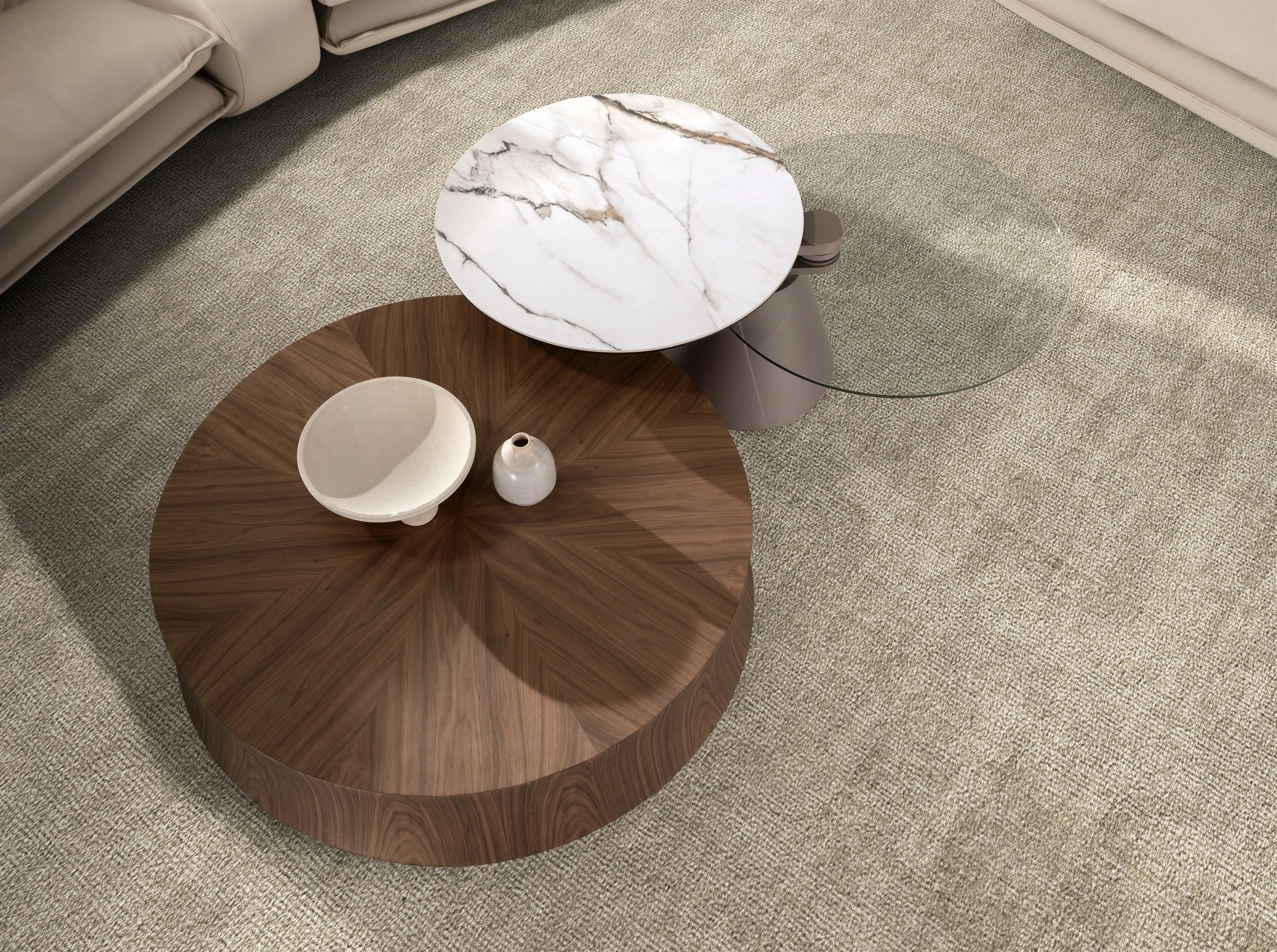 Table basse extensible ronde en verre trempé, marbre céramique et acier gris argenté