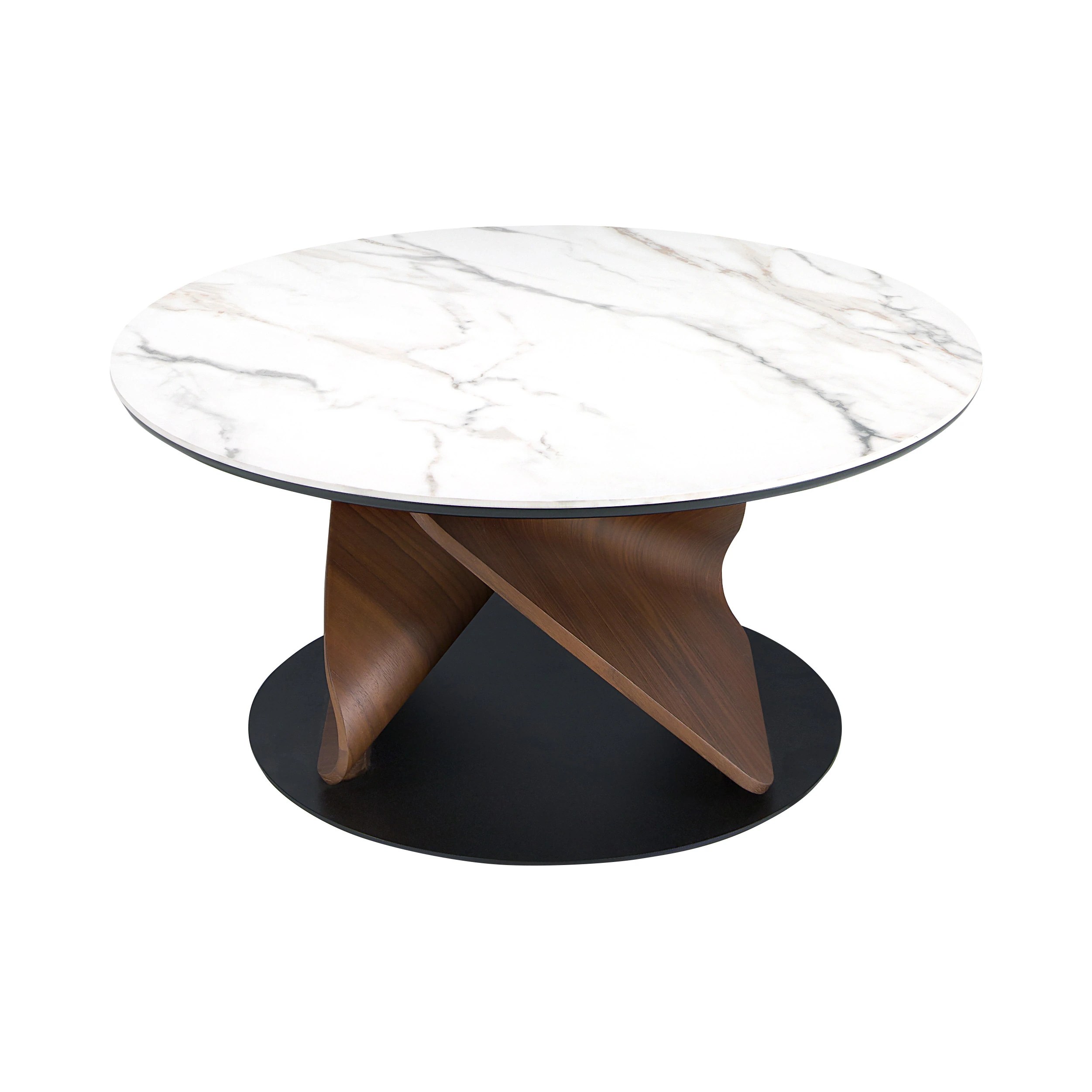Table basse ronde en marbre céramique, noyer et acier noir