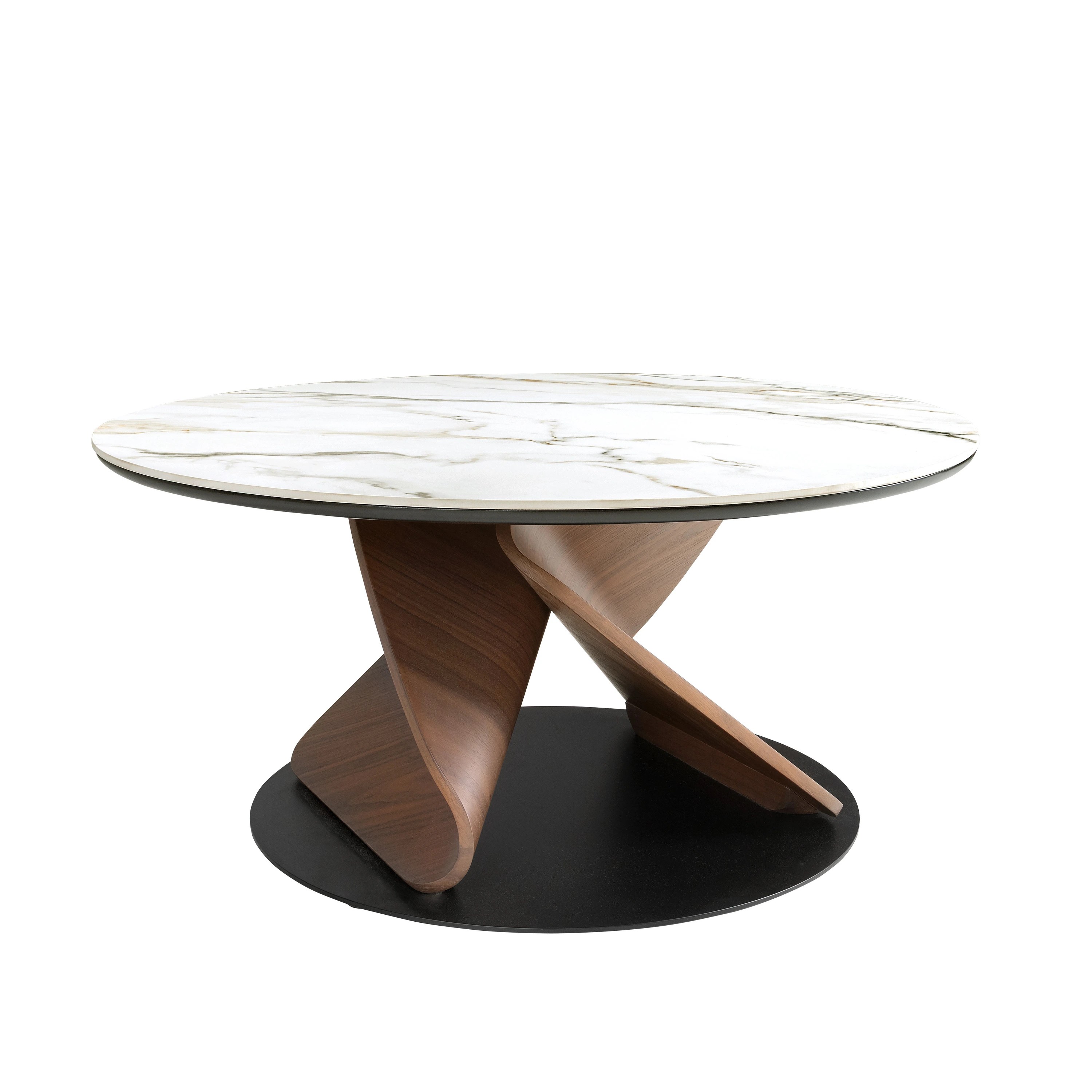 Table basse ronde en marbre céramique, noyer et acier noir