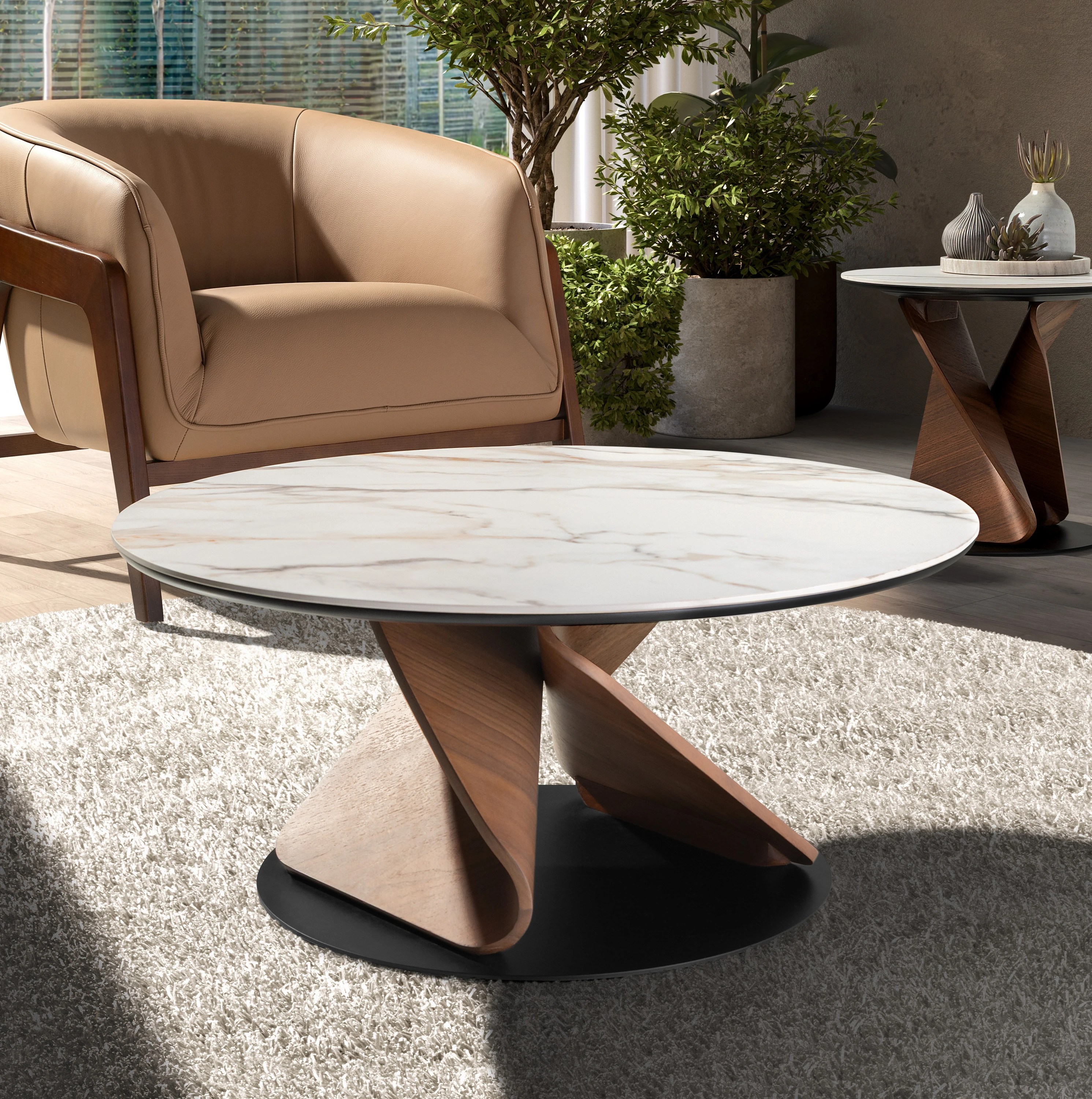 Table basse ronde en marbre céramique, noyer et acier noir