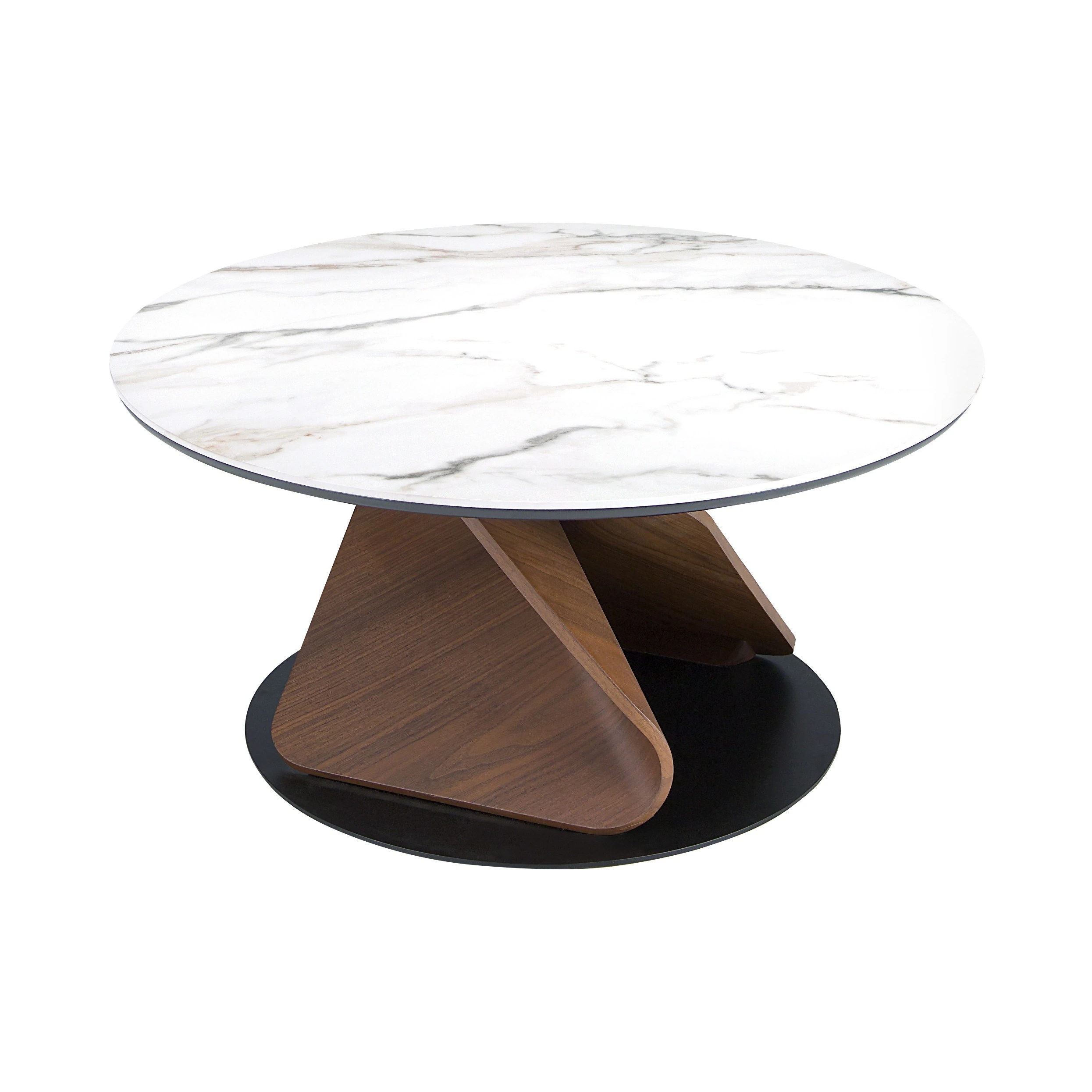 Table basse ronde en marbre céramique, noyer et acier noir