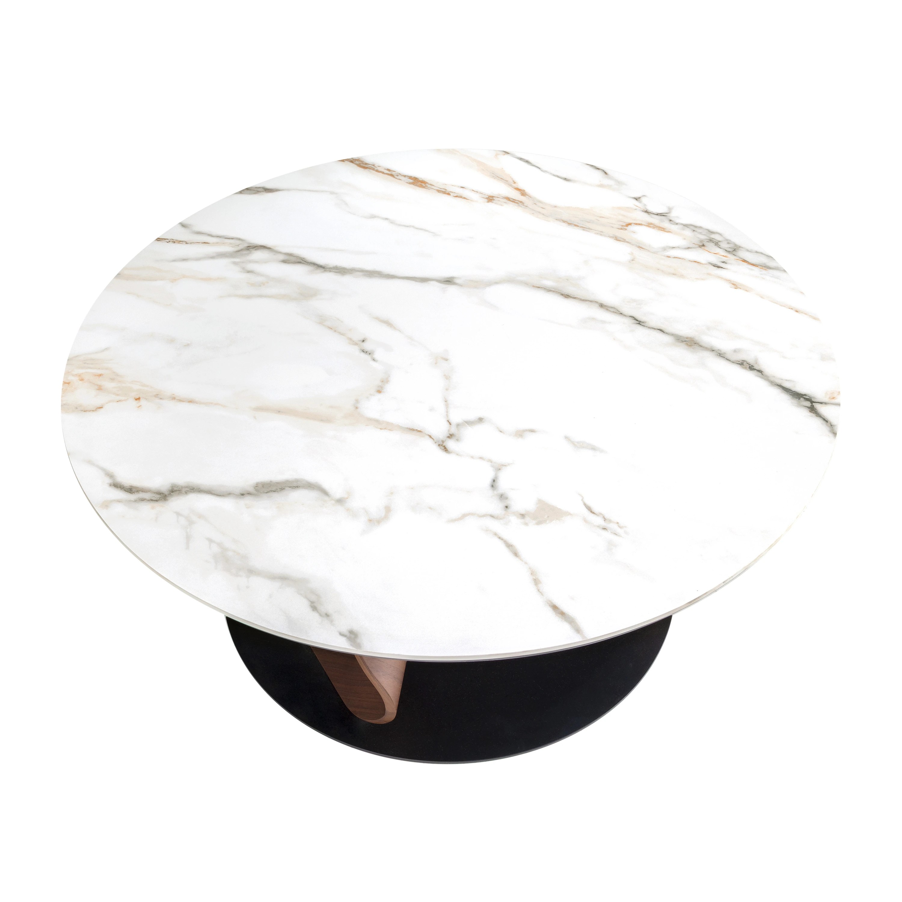 Table basse ronde en marbre céramique, noyer et acier noir