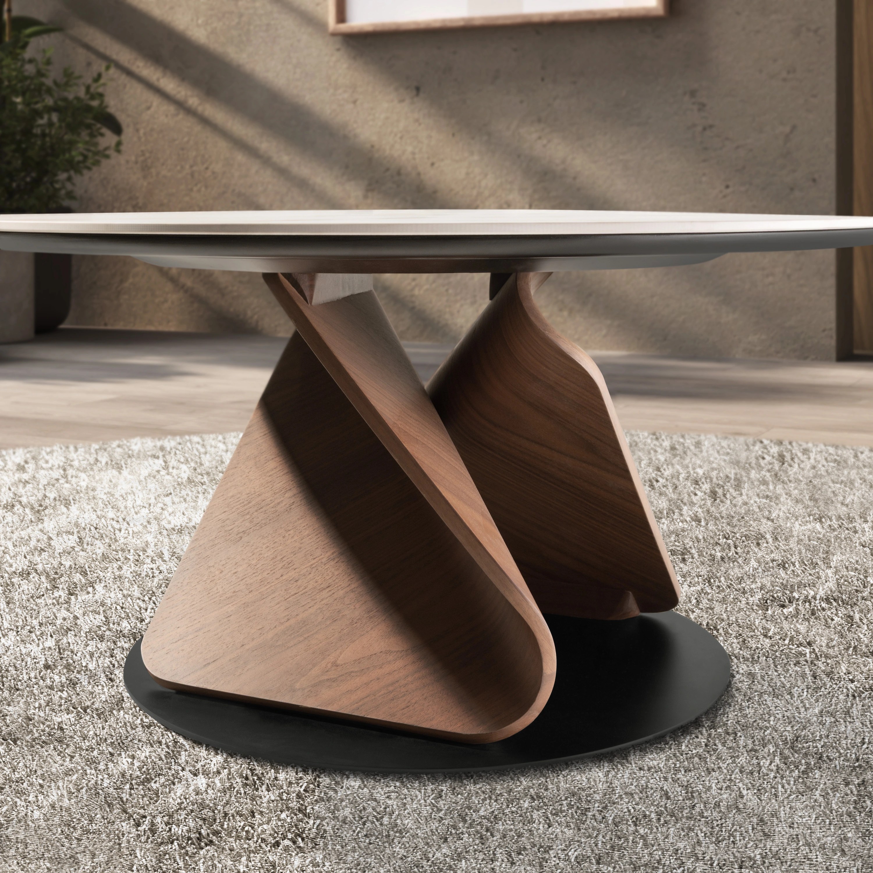 Table basse ronde en marbre céramique, noyer et acier noir