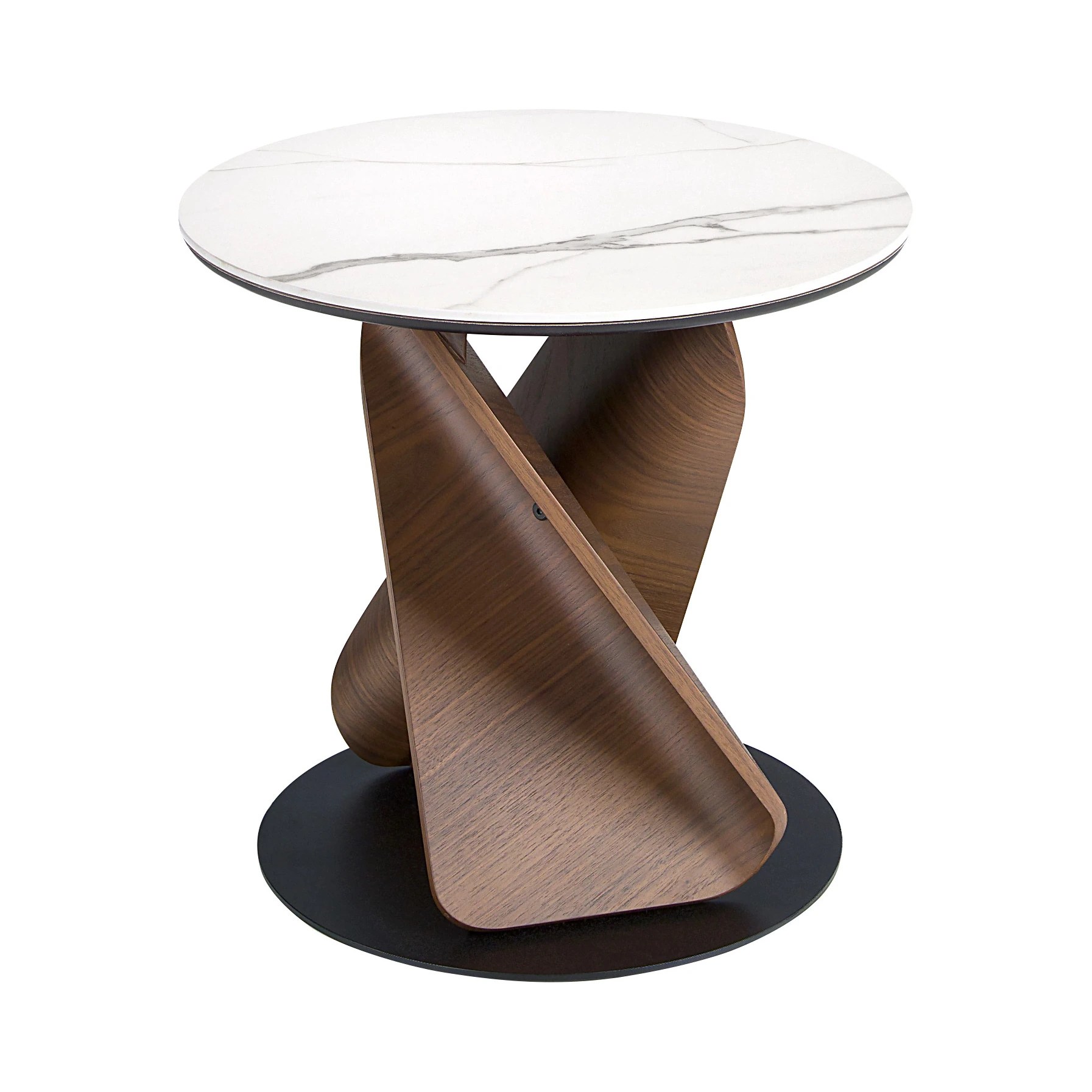 Table d'appoint ronde en marbre céramique, noyer et acier noir