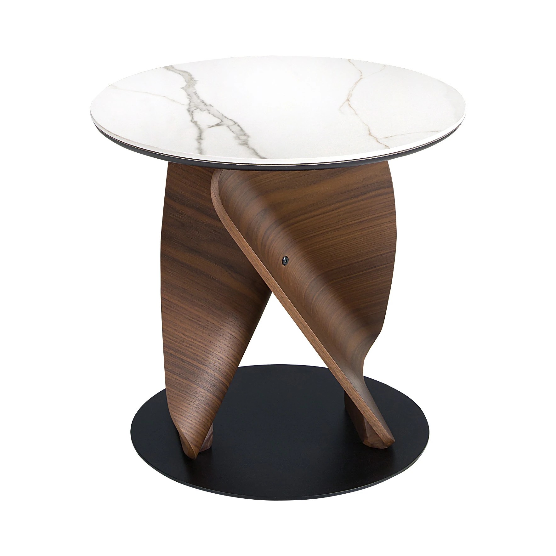 Table d'appoint ronde en marbre céramique, noyer et acier noir
