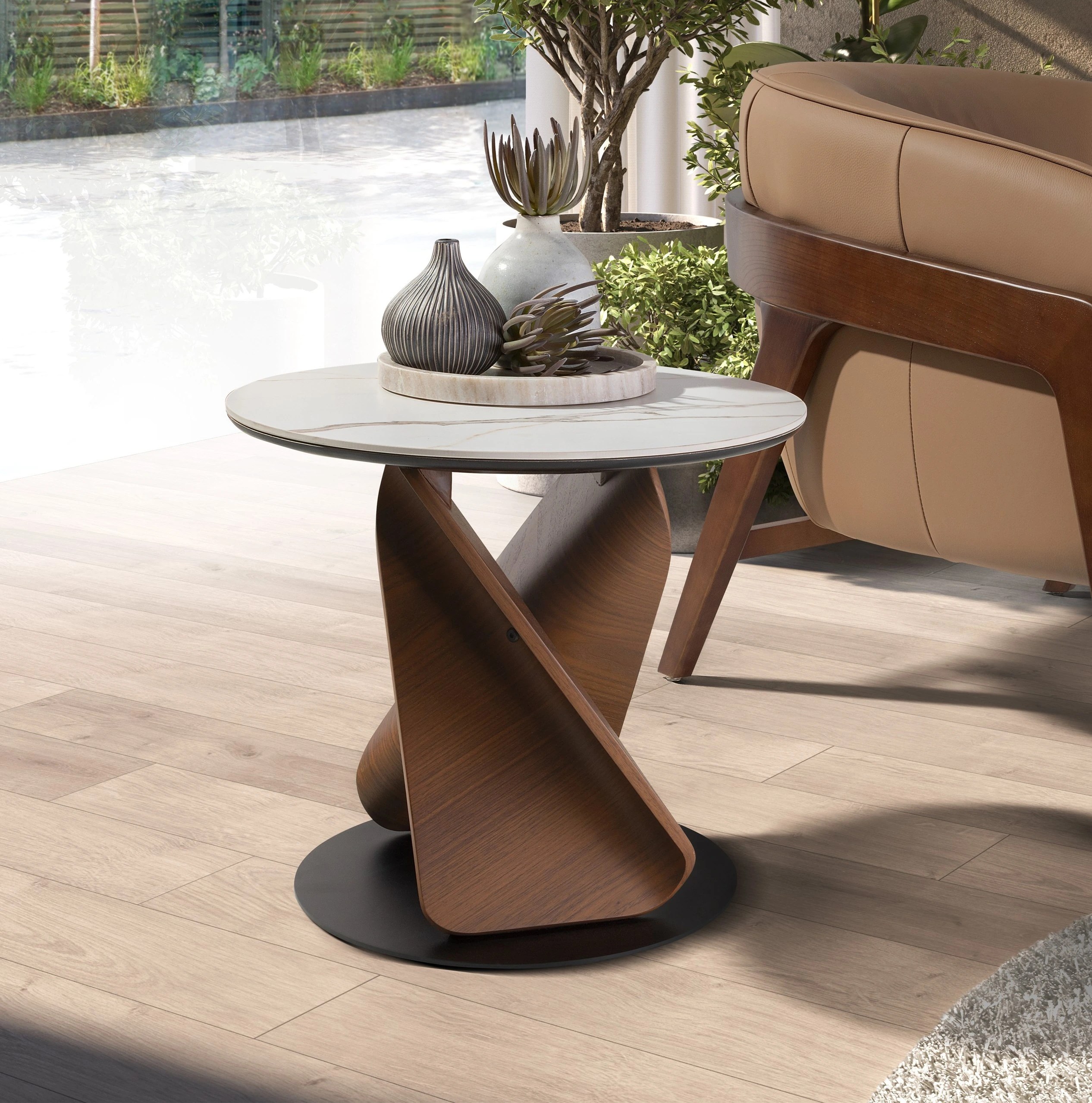 Table d'appoint ronde en marbre céramique, noyer et acier noir