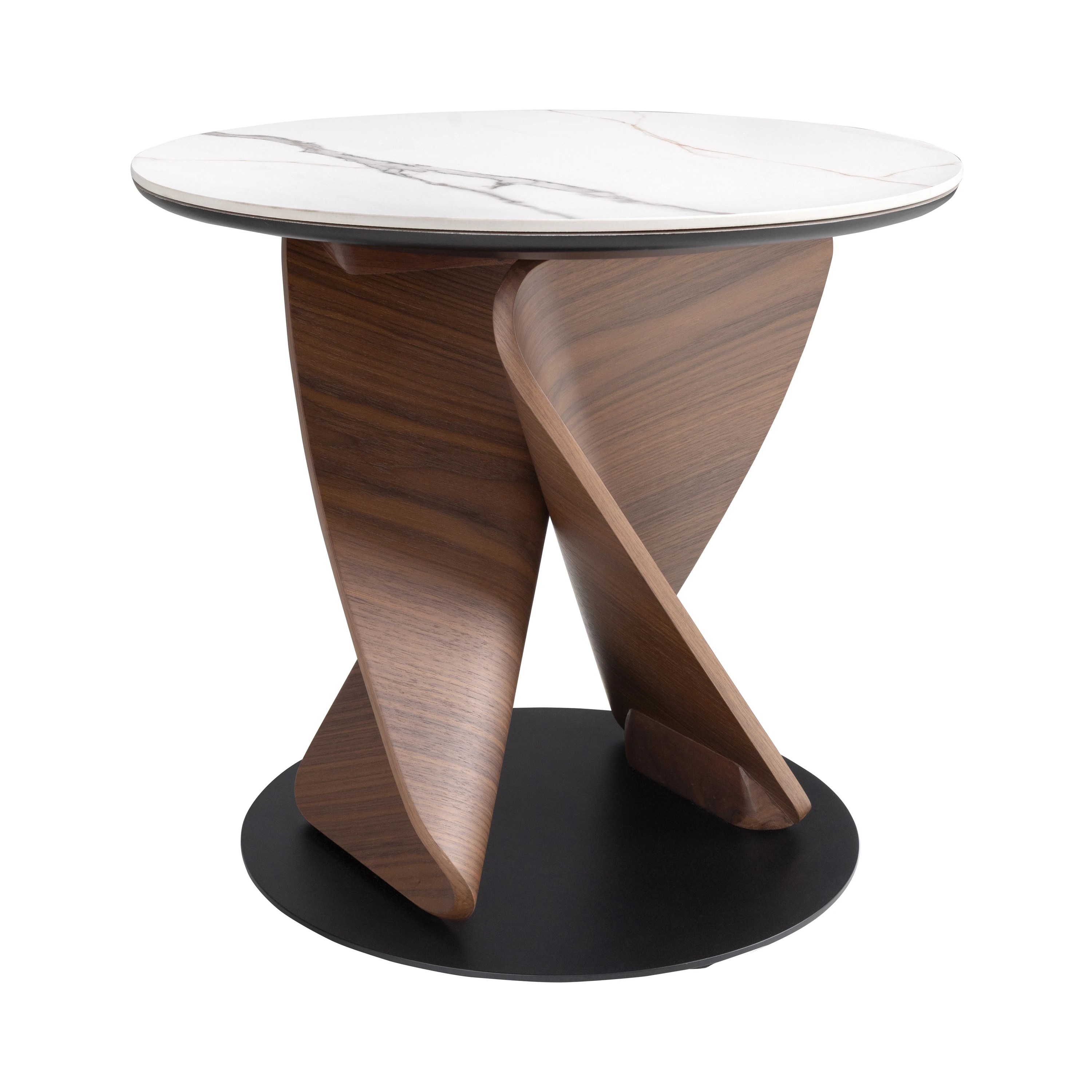 Table d'appoint ronde en marbre céramique, noyer et acier noir