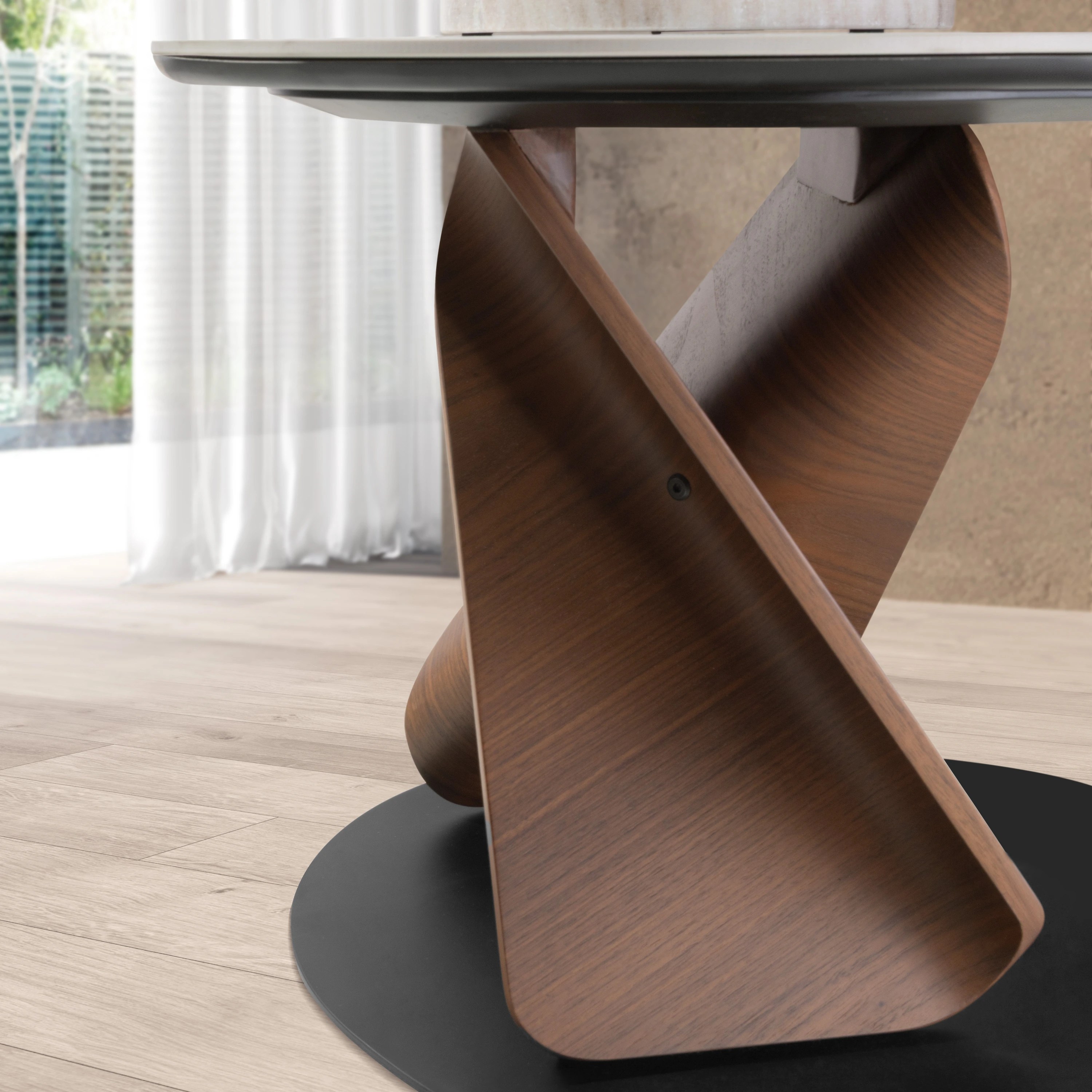 Table d'appoint ronde en marbre céramique, noyer et acier noir
