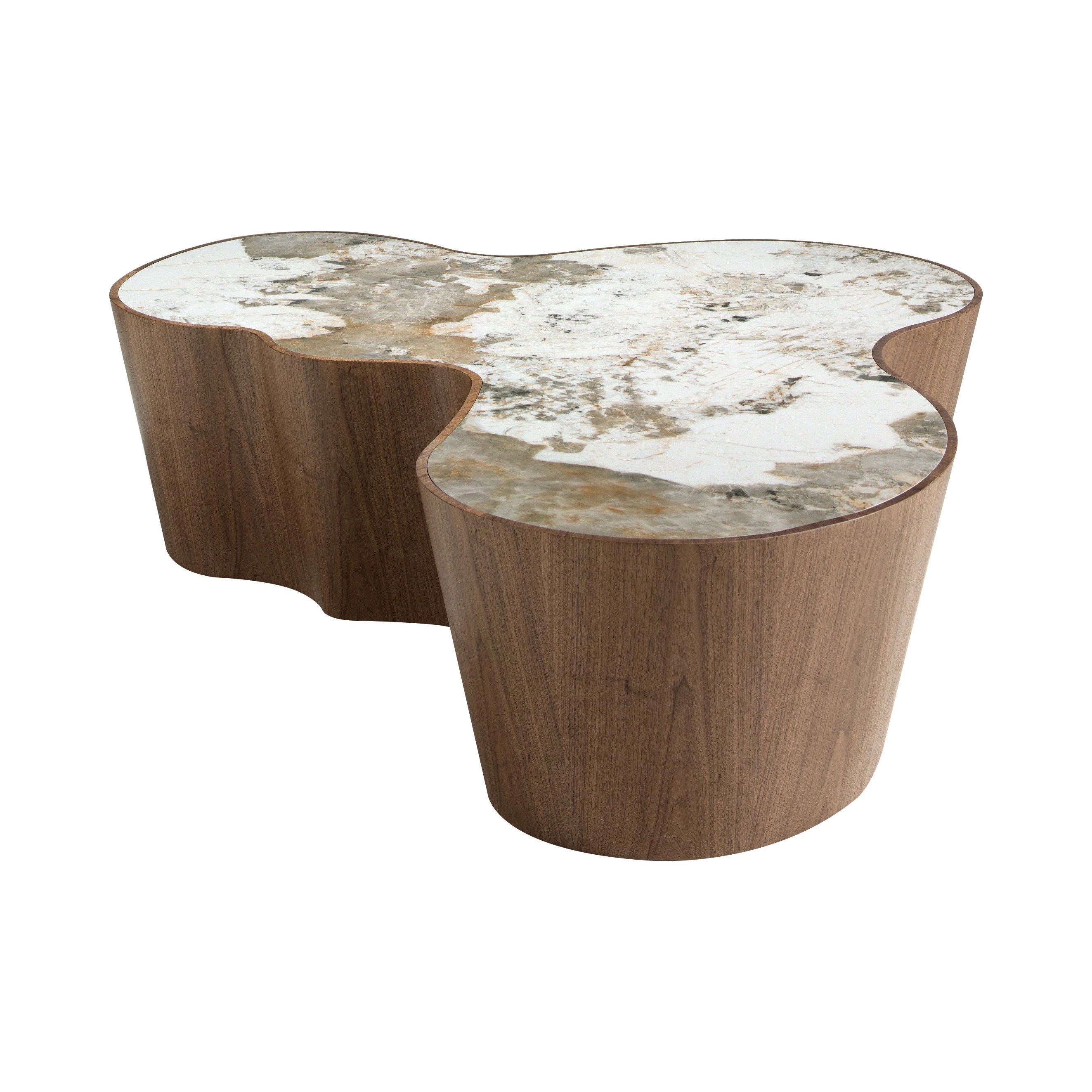 Table basse de forme organique en marbre céramique et noyer