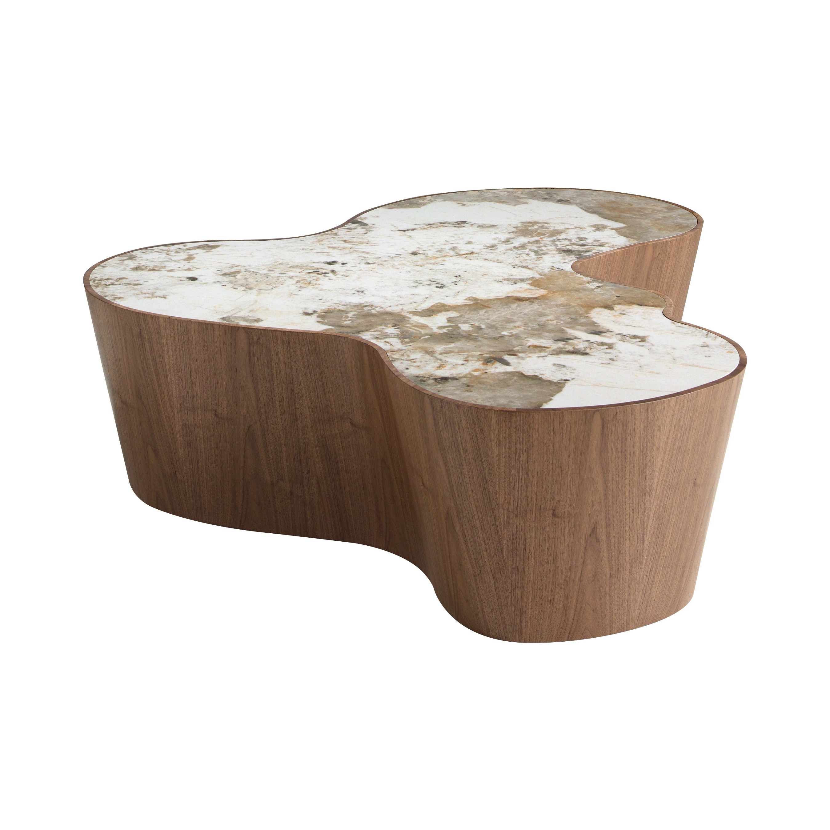 Table basse de forme organique en marbre céramique et noyer