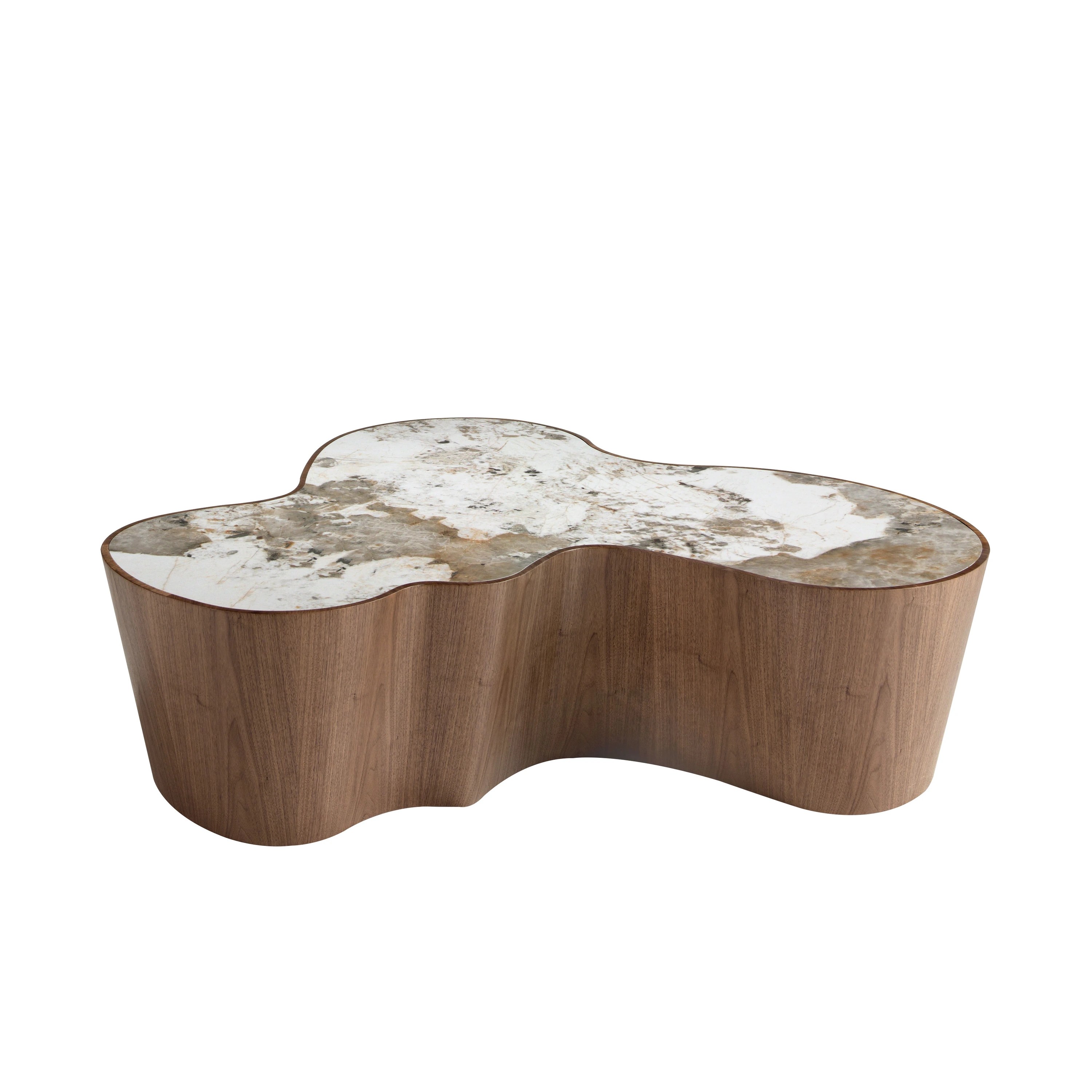 Table basse de forme organique en marbre céramique et noyer