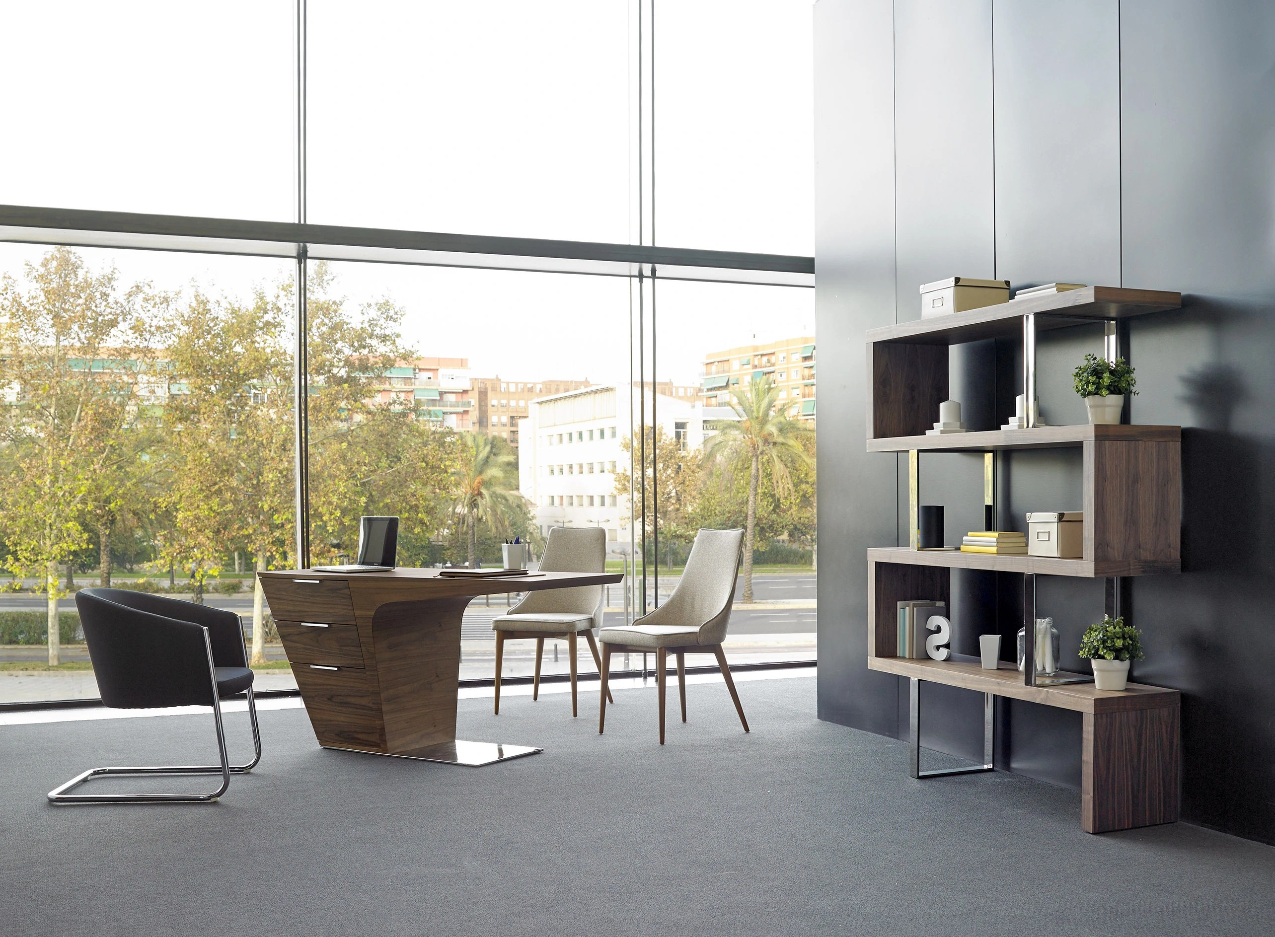 Bureau en noyer avec base en acier chromé