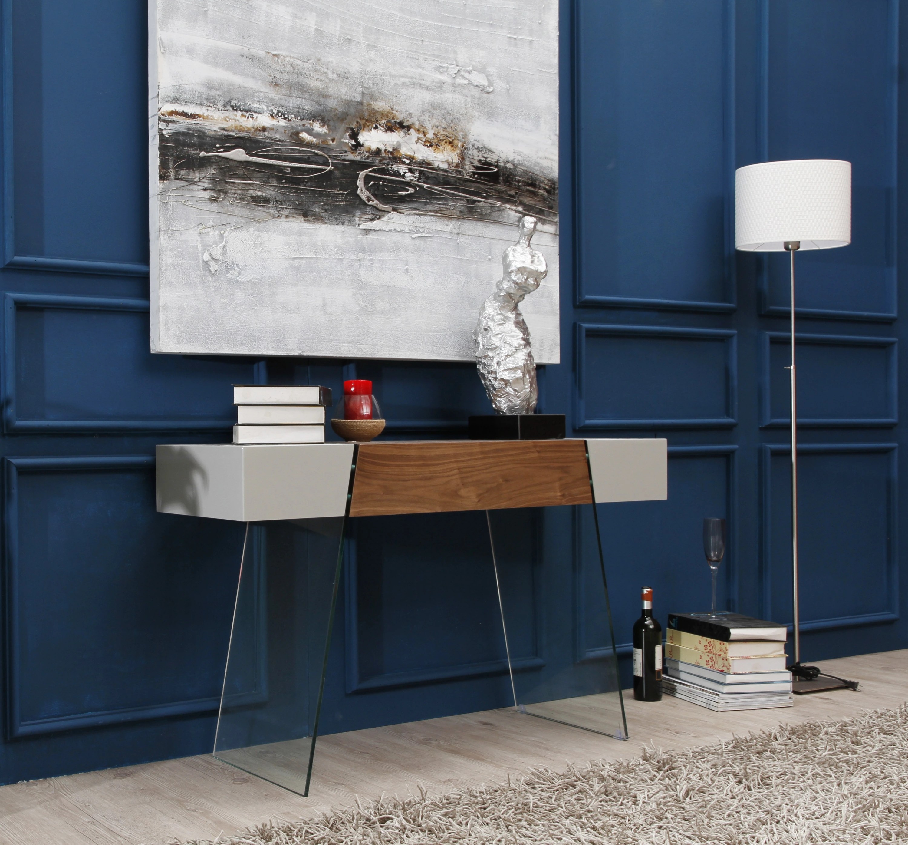 Console rectangulaire en bois gris, noyer et verre trempé