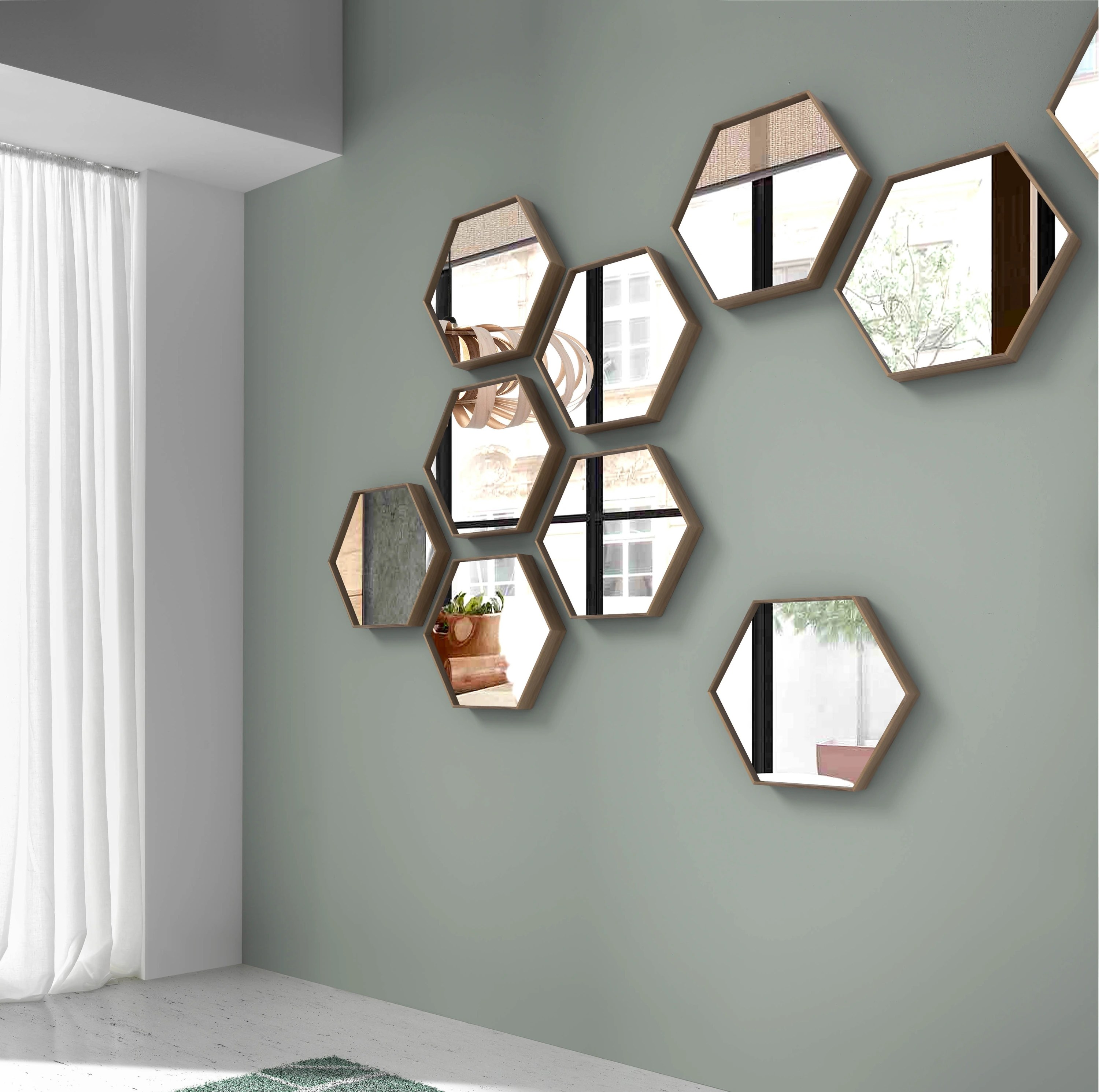 Miroir mural hexagonale noyer
