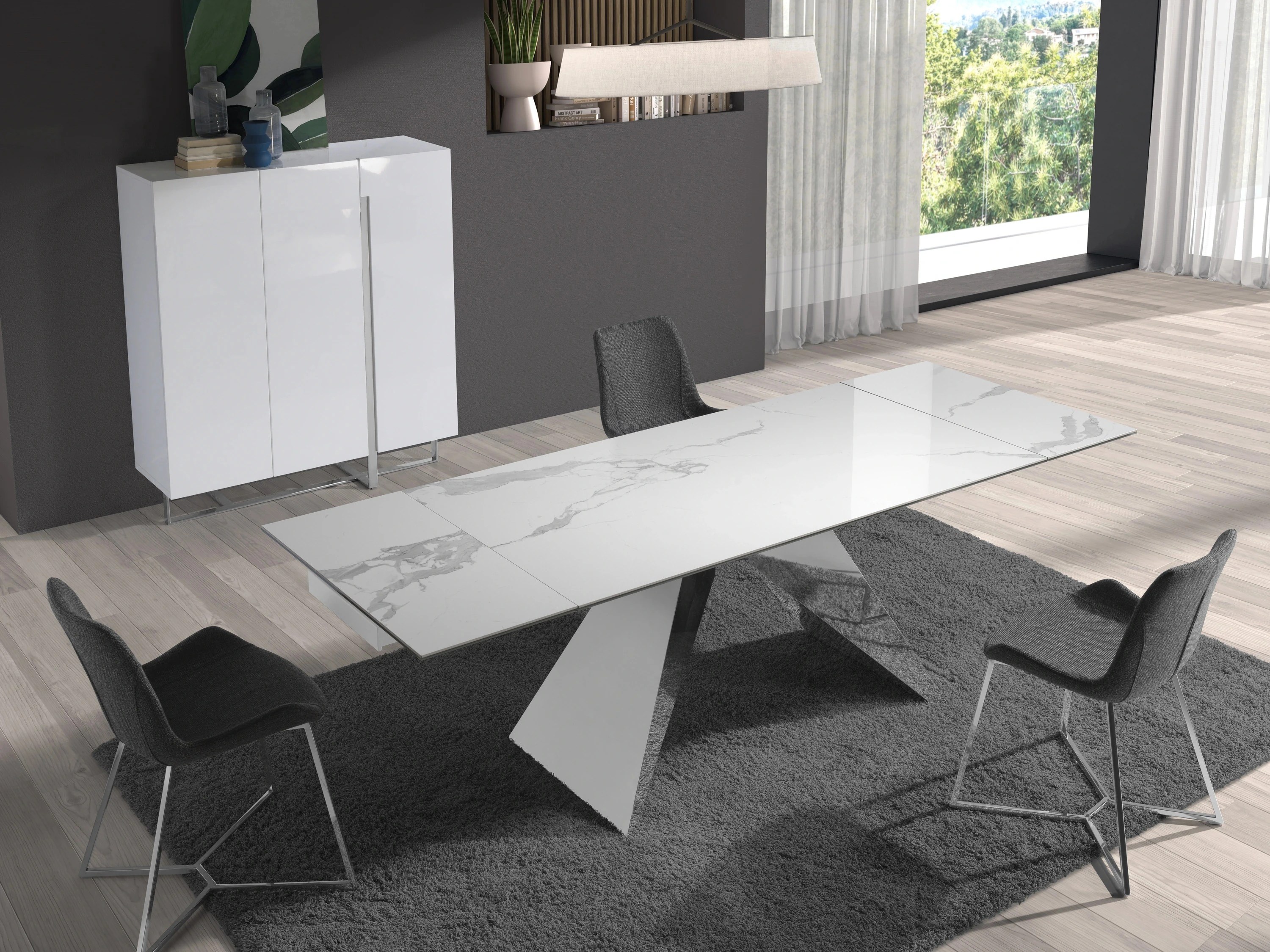 Buffet haut en bois blanc et acier chromé
