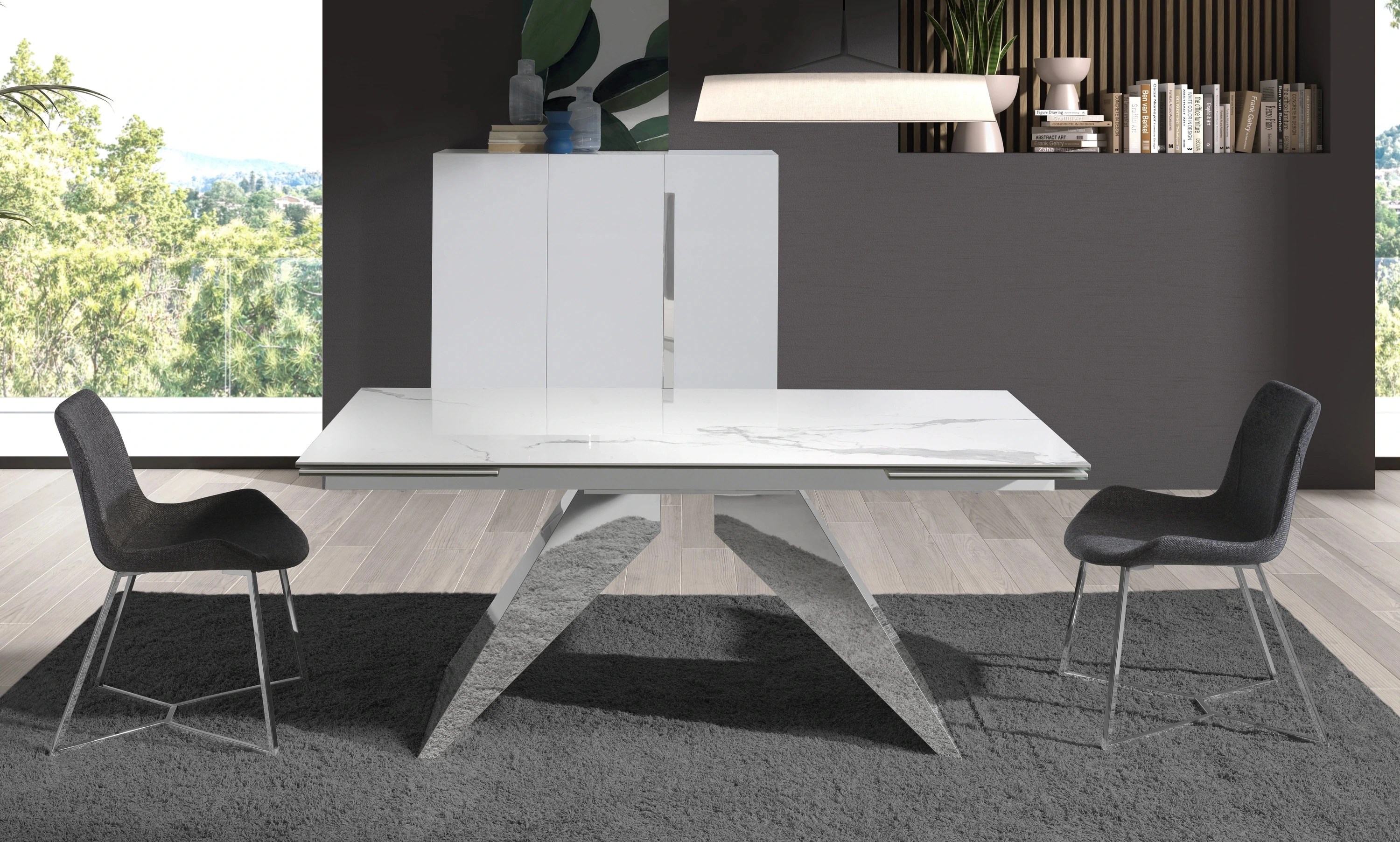 Buffet haut en bois blanc et acier chromé