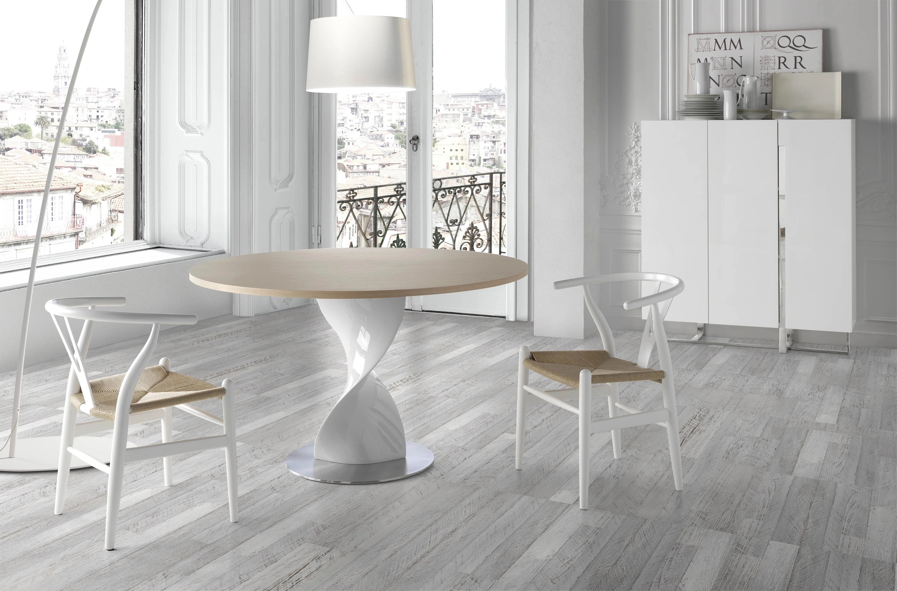 Buffet haut en bois blanc et acier chromé