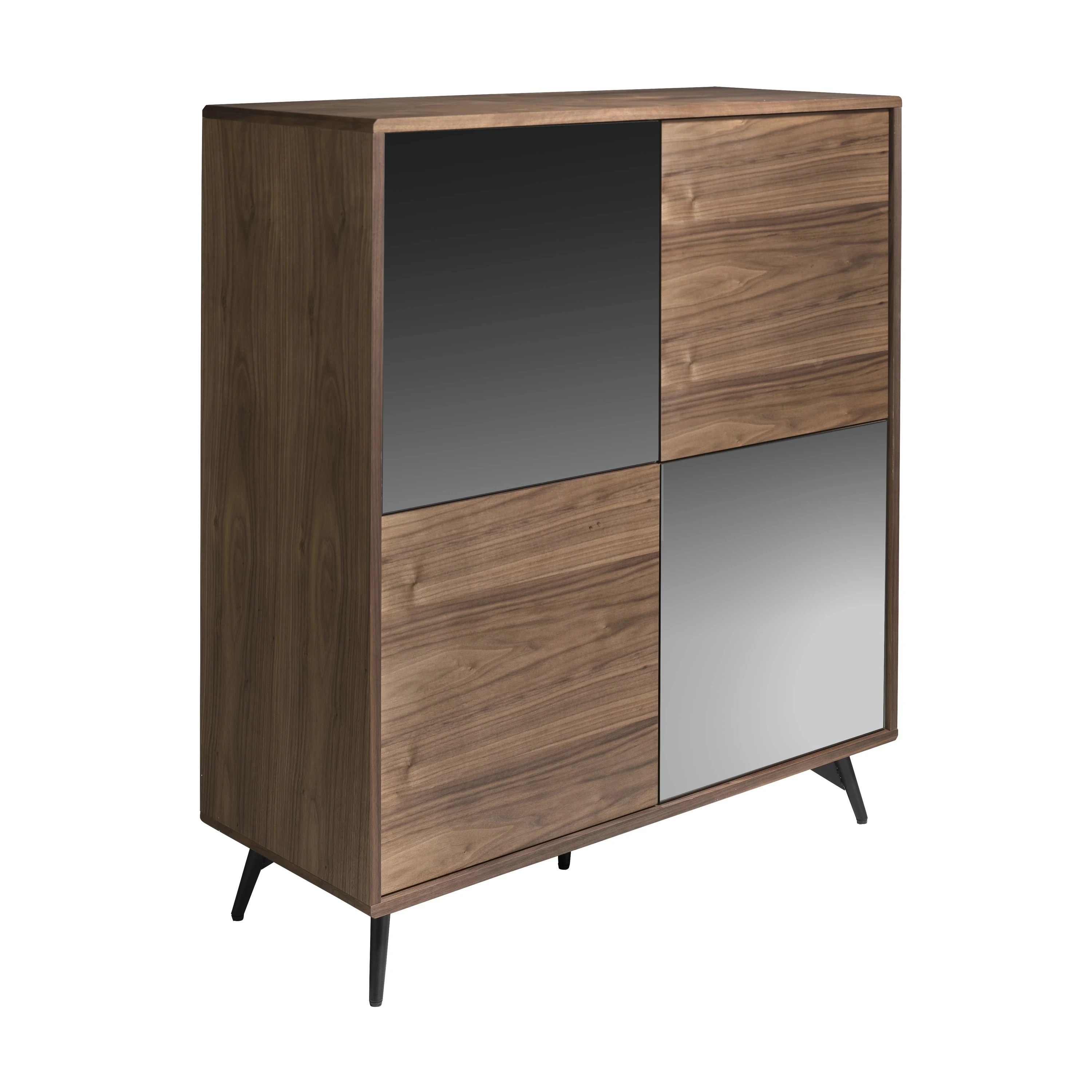 Buffet haut en verre noir effet miroir, noyer et acier noir