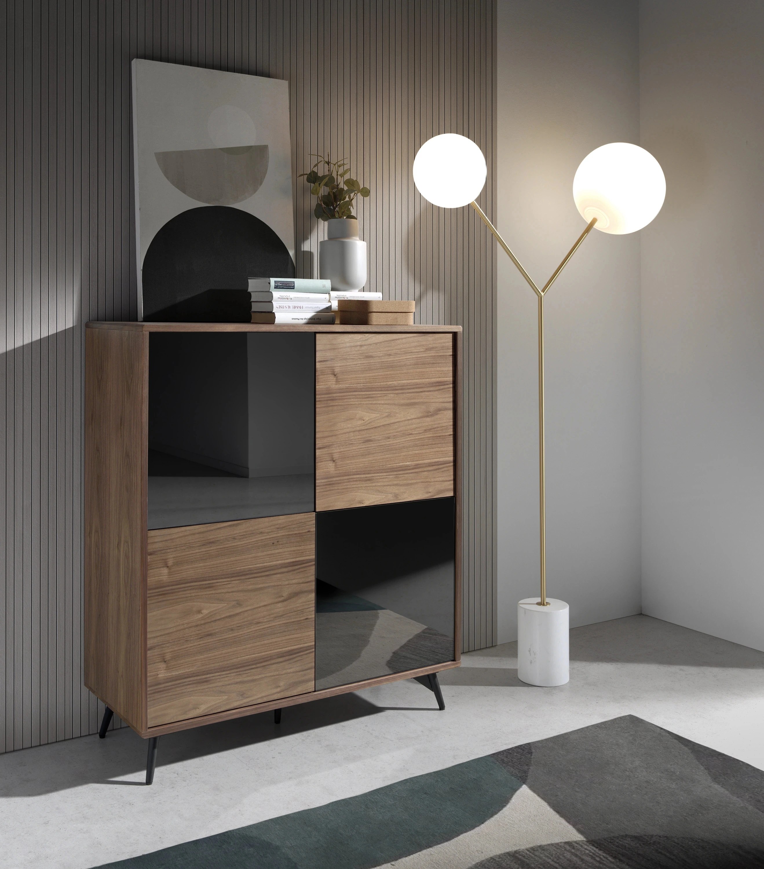 Buffet haut en verre noir effet miroir, noyer et acier noir