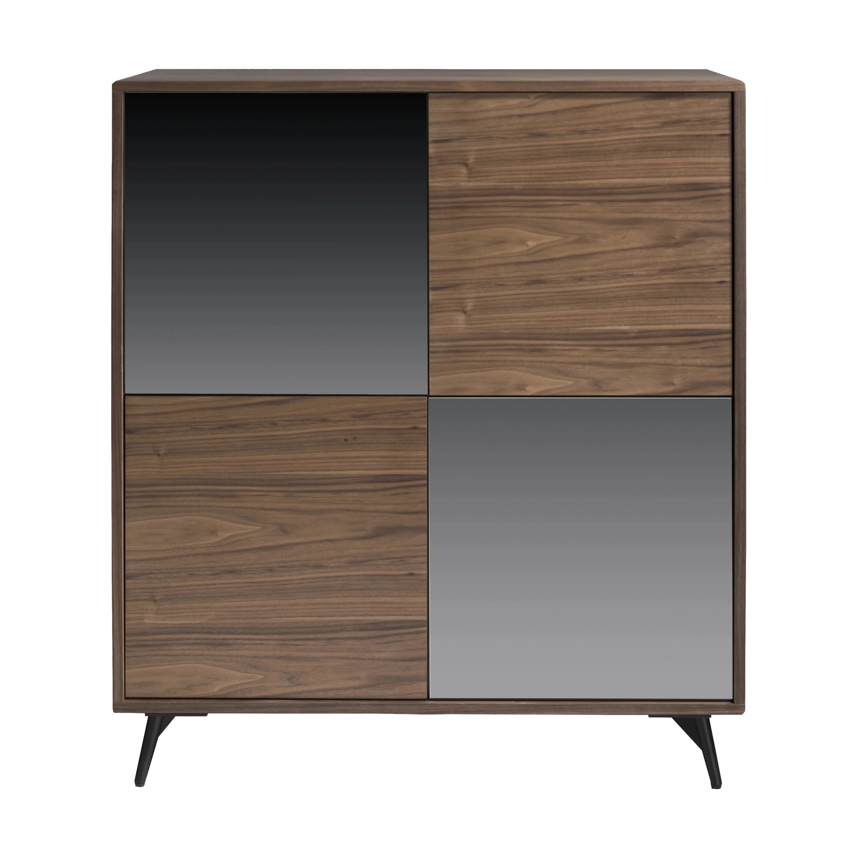 Buffet haut en verre noir effet miroir, noyer et acier noir