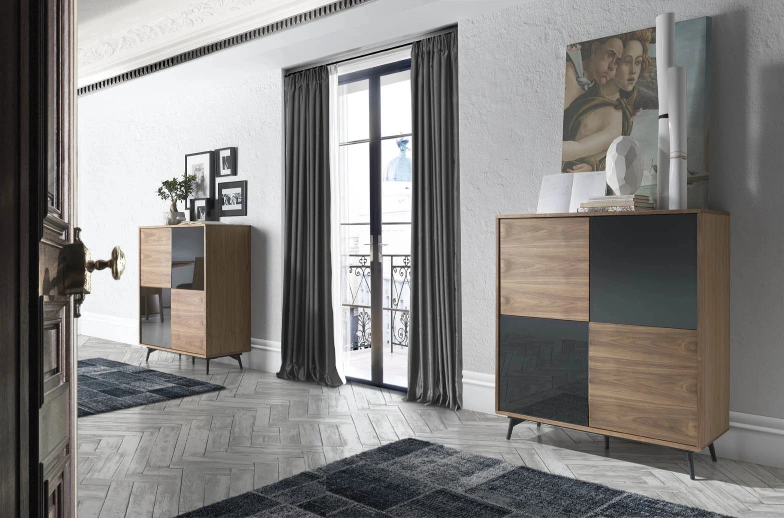 Buffet haut en verre noir effet miroir, noyer et acier noir