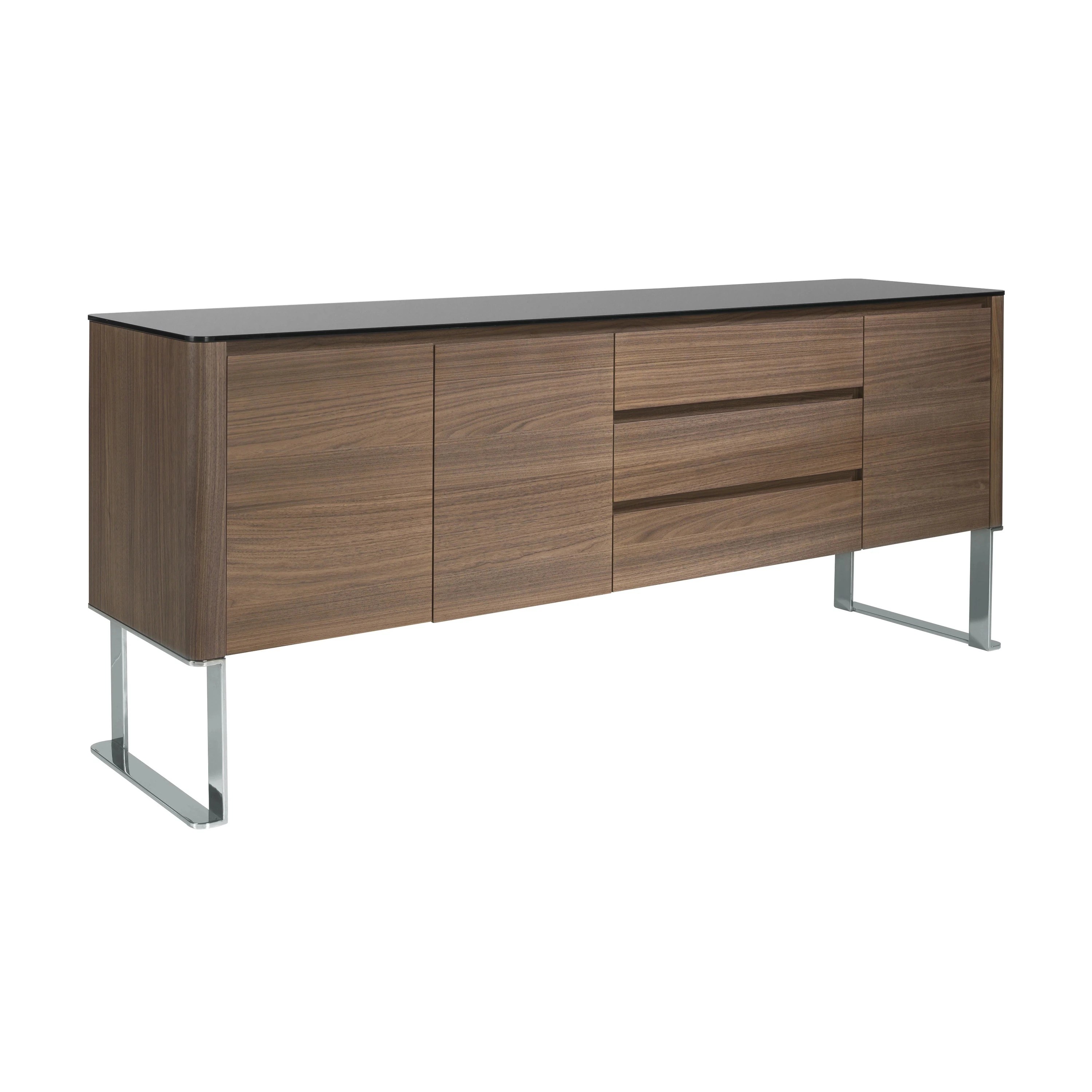 Buffet noyer, acier chromé et plateau en verre noir