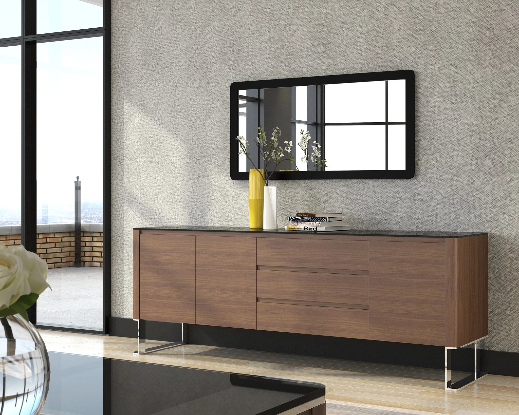 Buffet noyer, acier chromé et plateau en verre noir