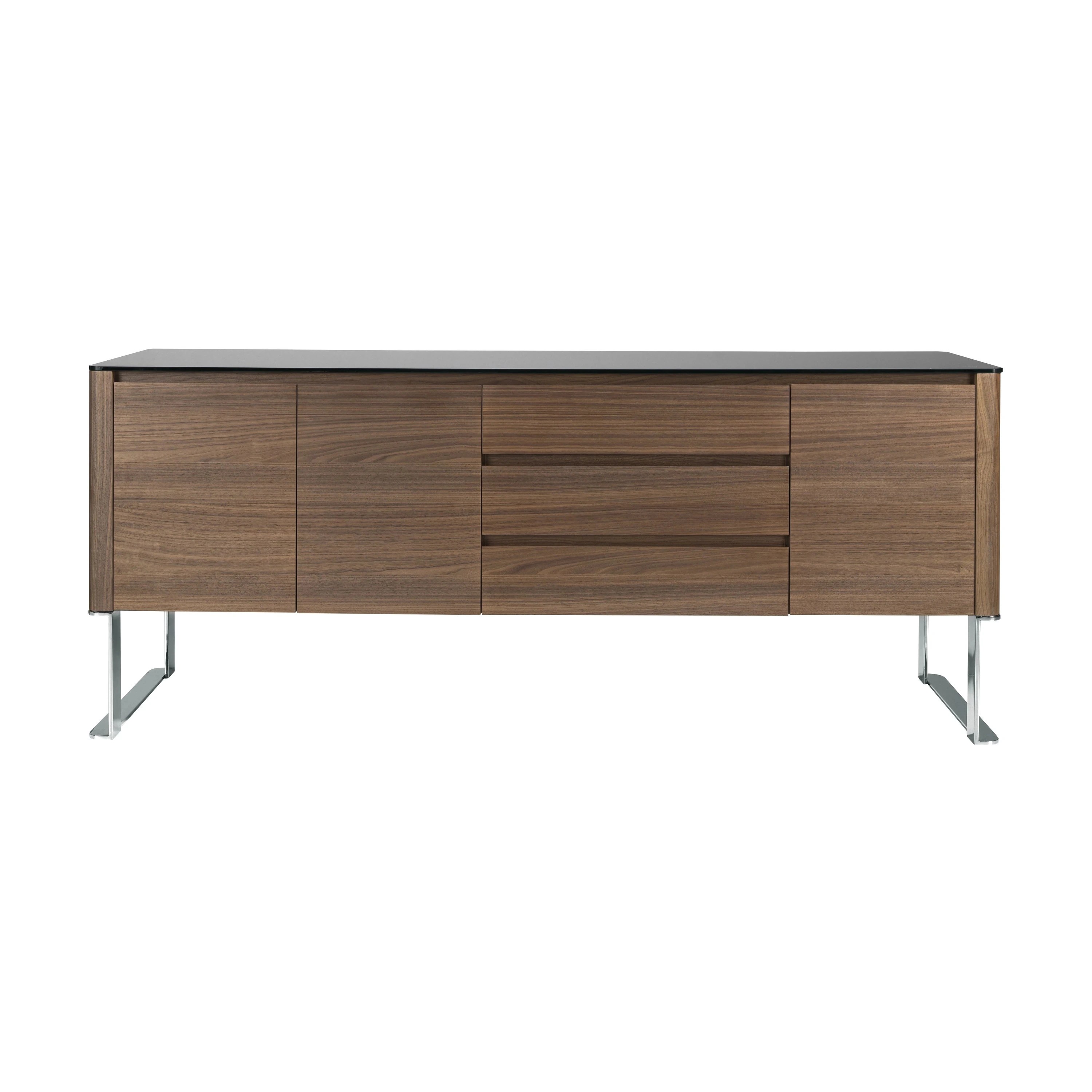 Buffet noyer, acier chromé et plateau en verre noir