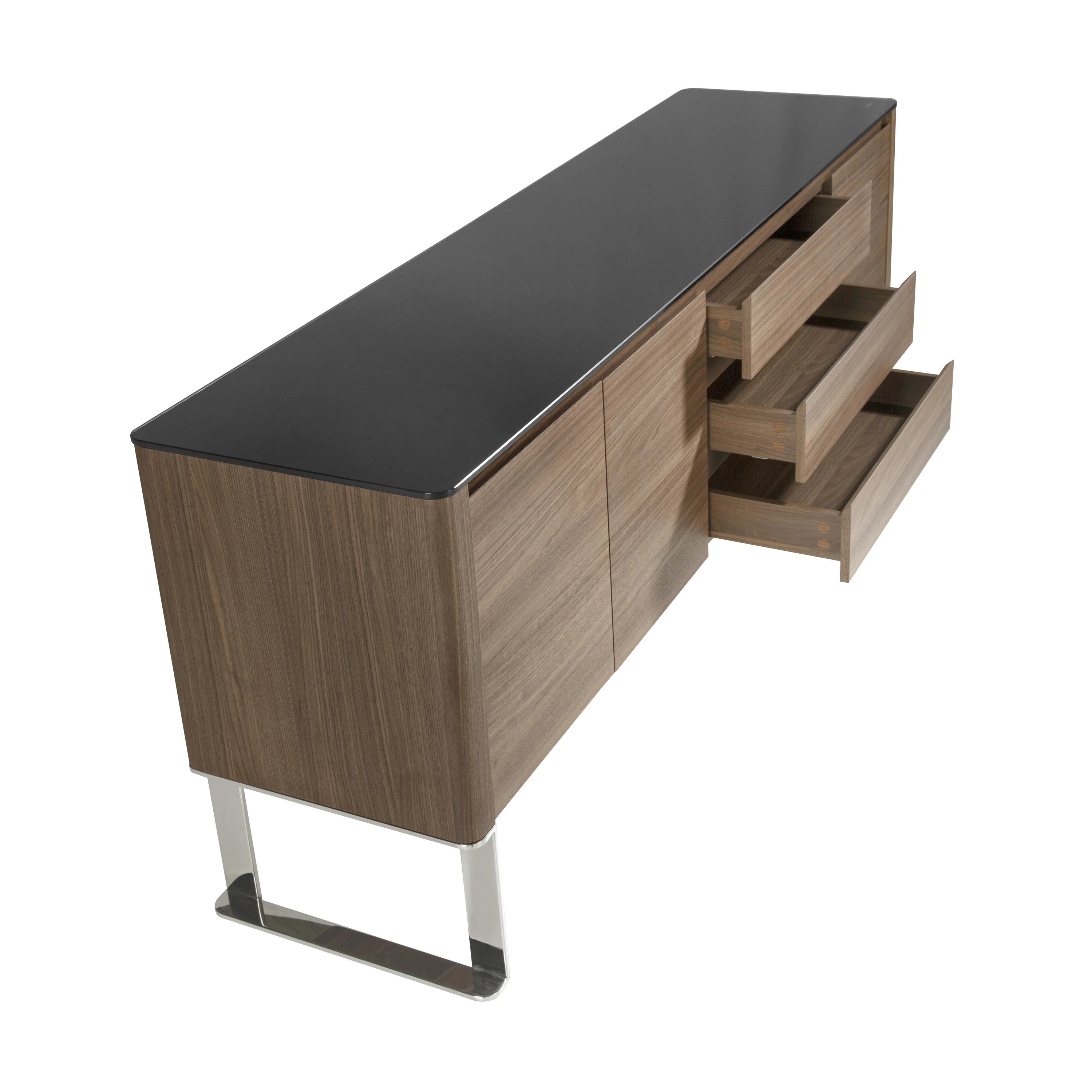 Buffet noyer, acier chromé et plateau en verre noir
