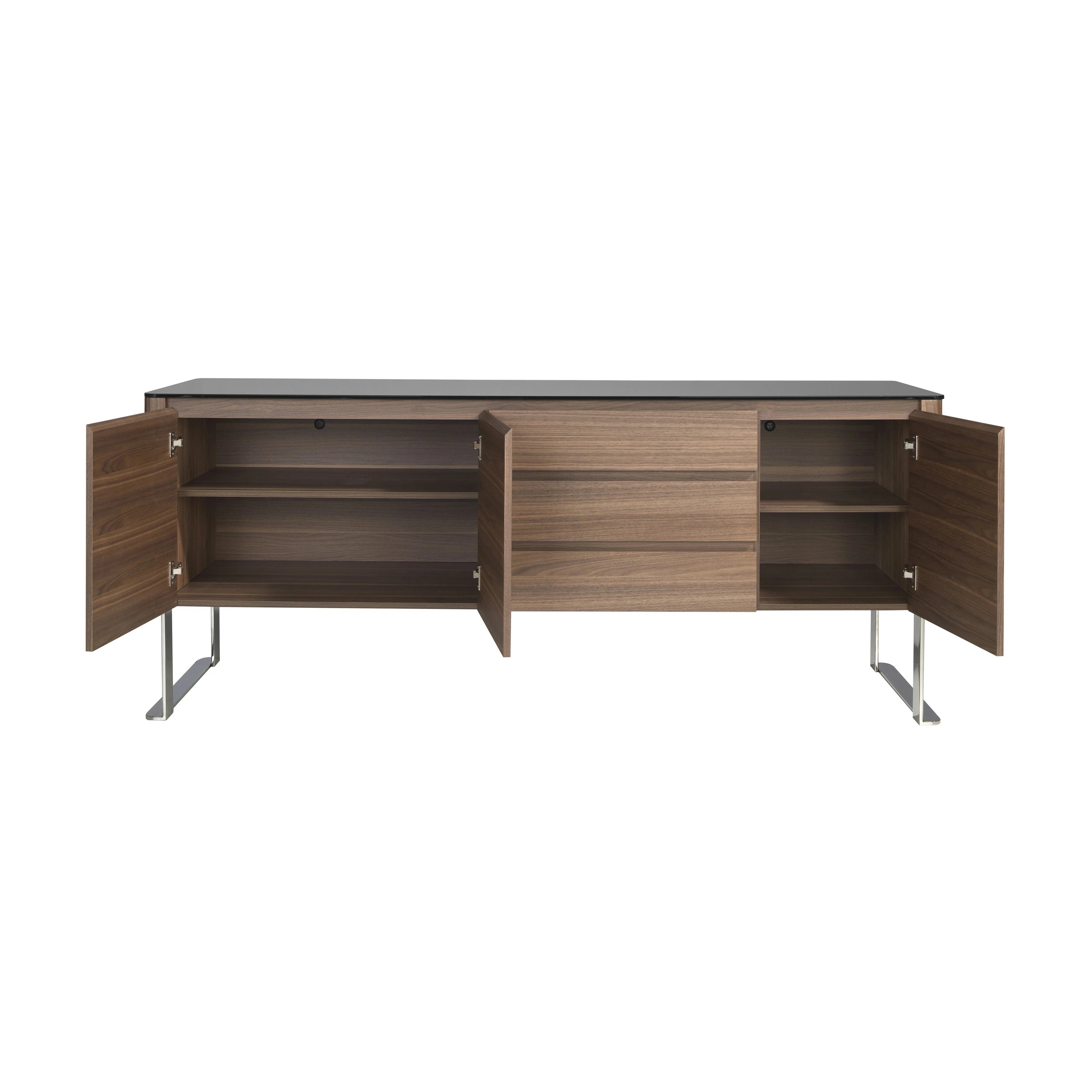 Buffet noyer, acier chromé et plateau en verre noir