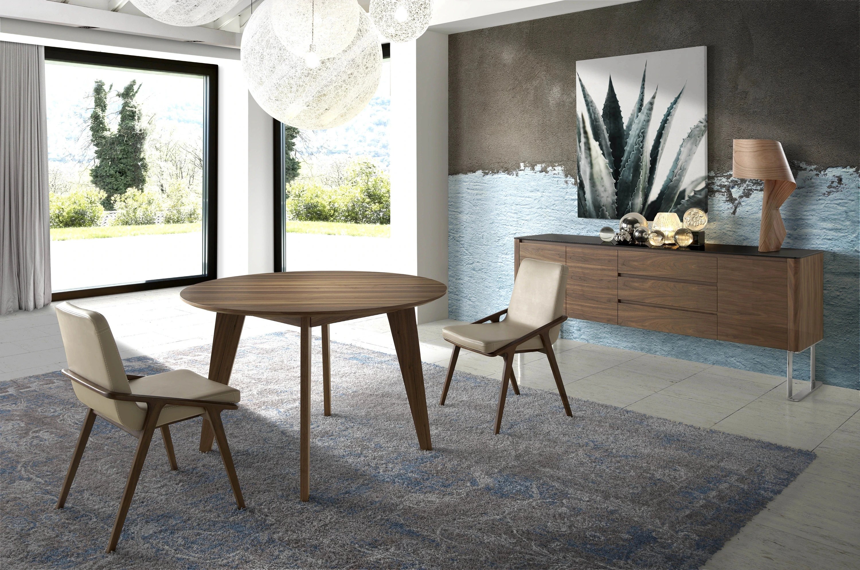 Buffet noyer, acier chromé et plateau en verre noir