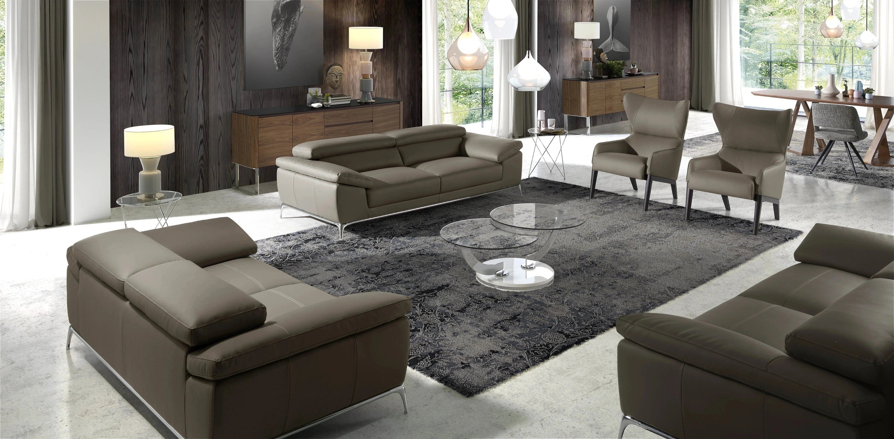 Buffet noyer, acier chromé et plateau en verre noir