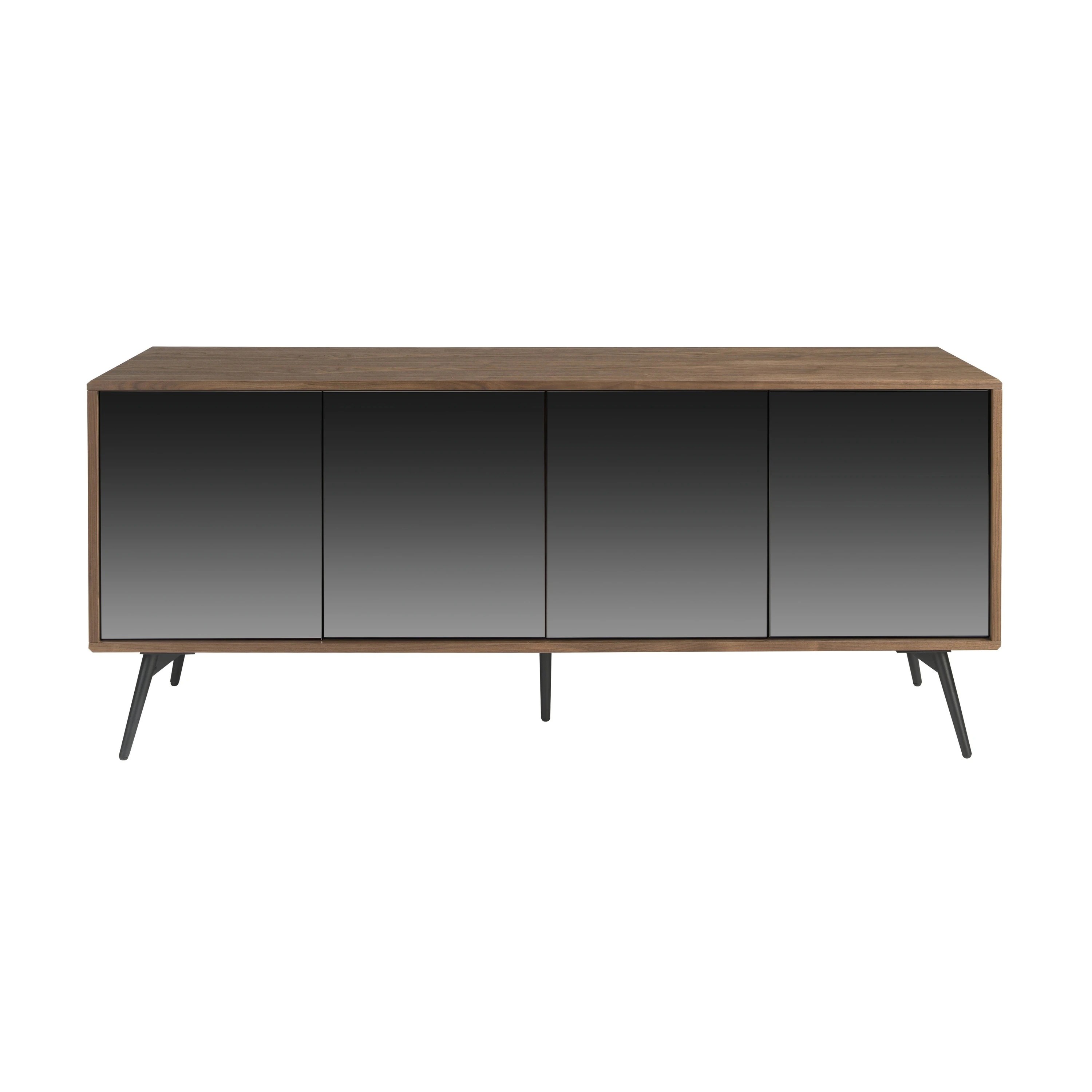 Buffet en verre, noyer et acier noir à effet miroir