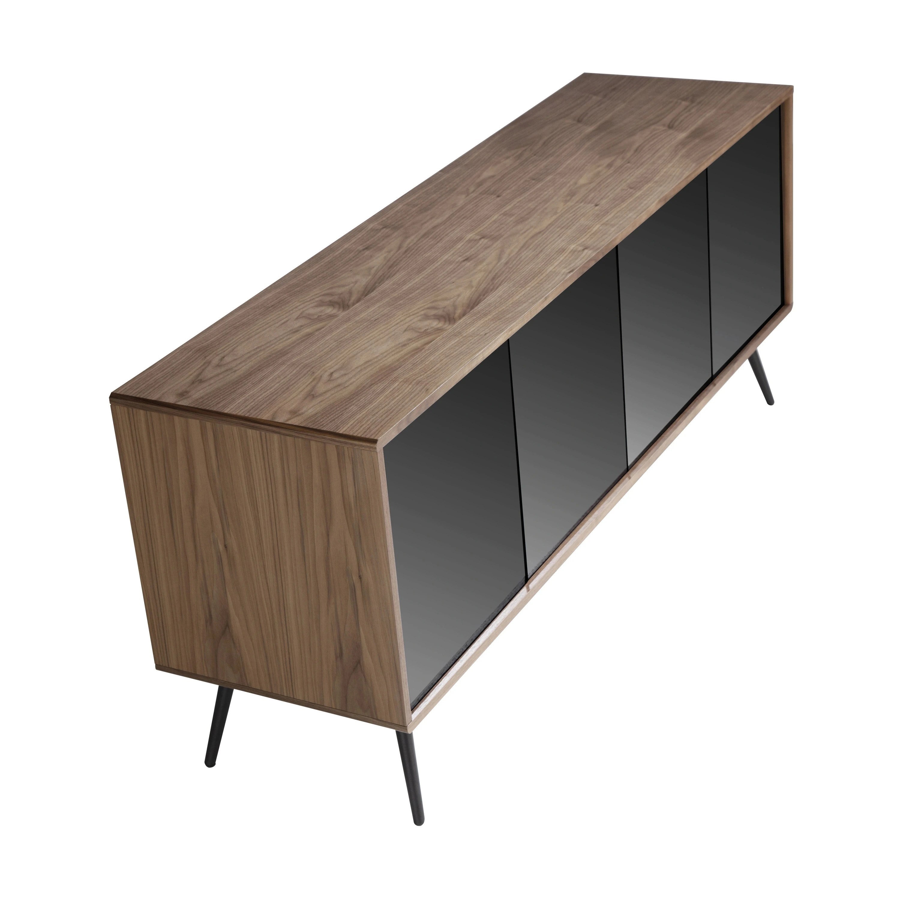 Buffet en verre, noyer et acier noir à effet miroir