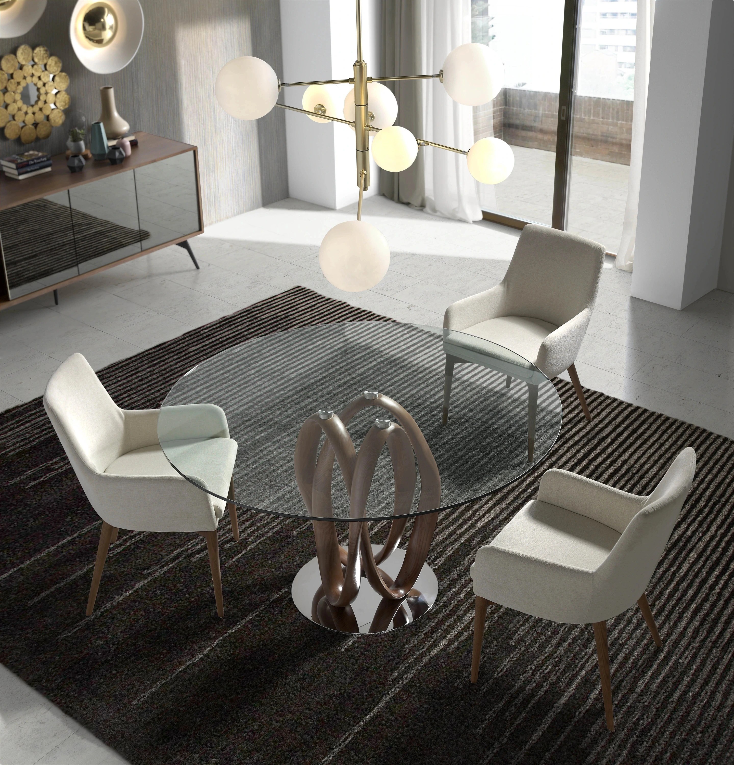 Buffet en verre, noyer et acier noir à effet miroir