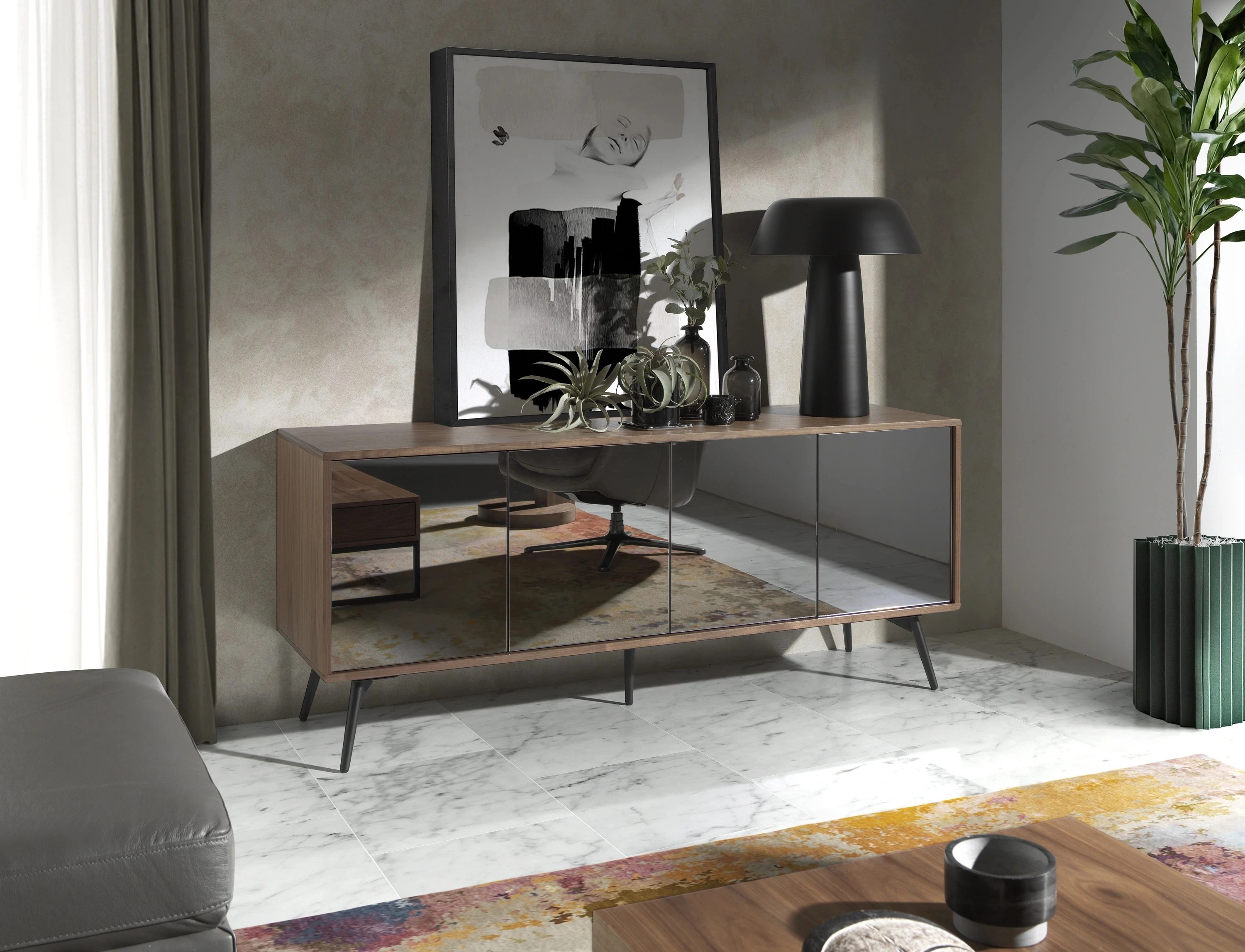 Buffet en verre, noyer et acier noir à effet miroir