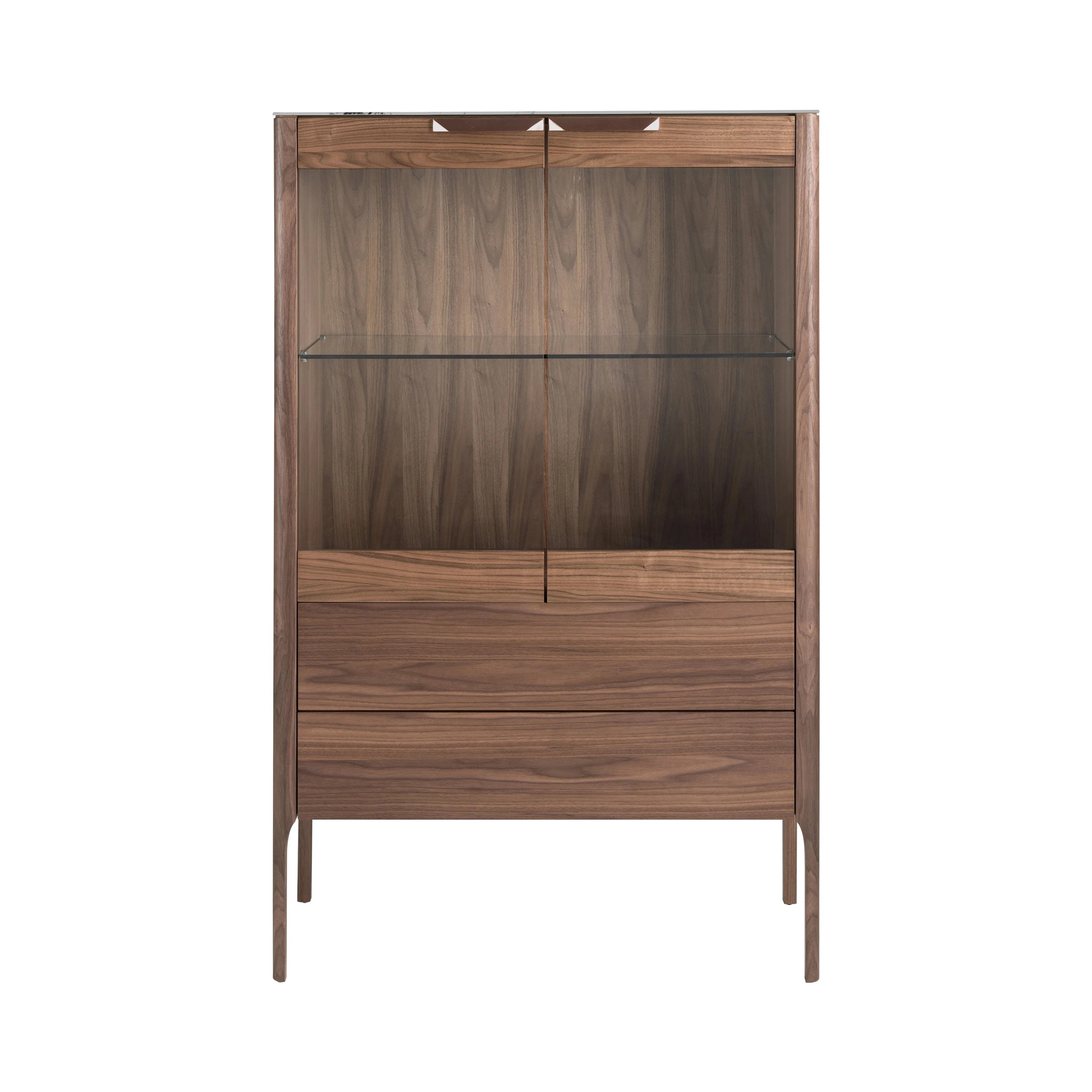 Buffet haut en noyer avec plateau en verre imitation marbre et éclairage intérieur