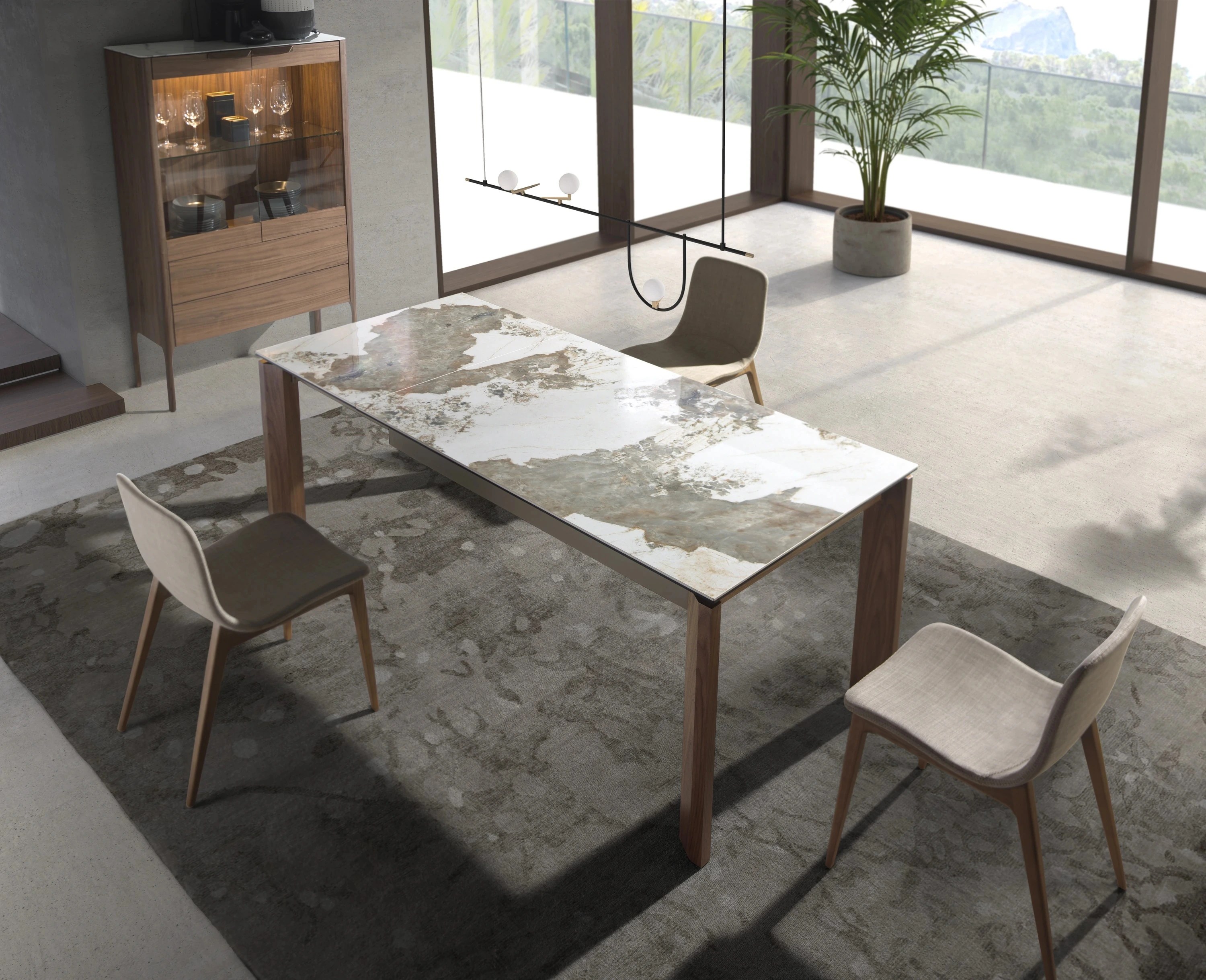 Buffet haut en noyer avec plateau en verre imitation marbre et éclairage intérieur