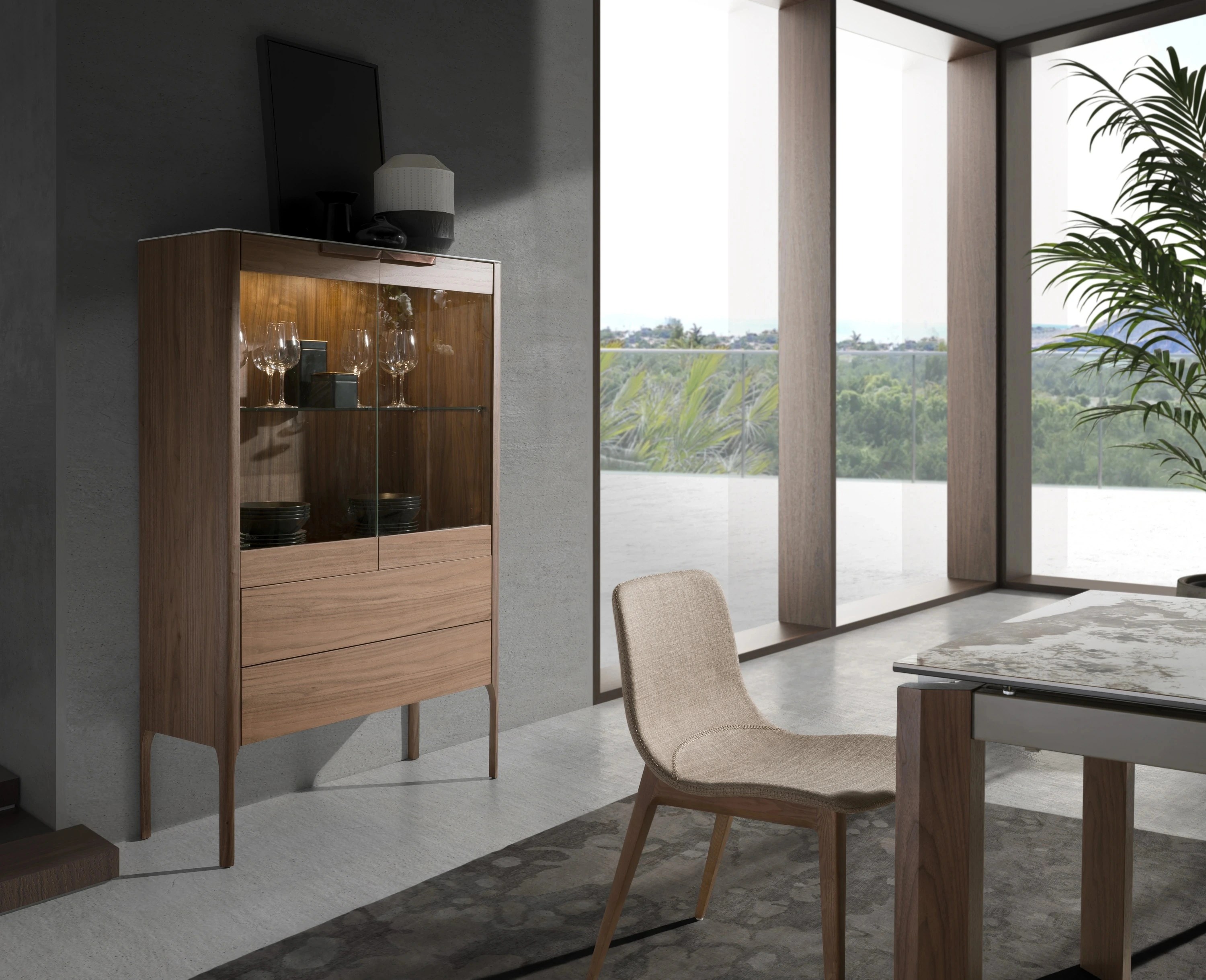 Buffet haut en noyer avec plateau en verre imitation marbre et éclairage intérieur
