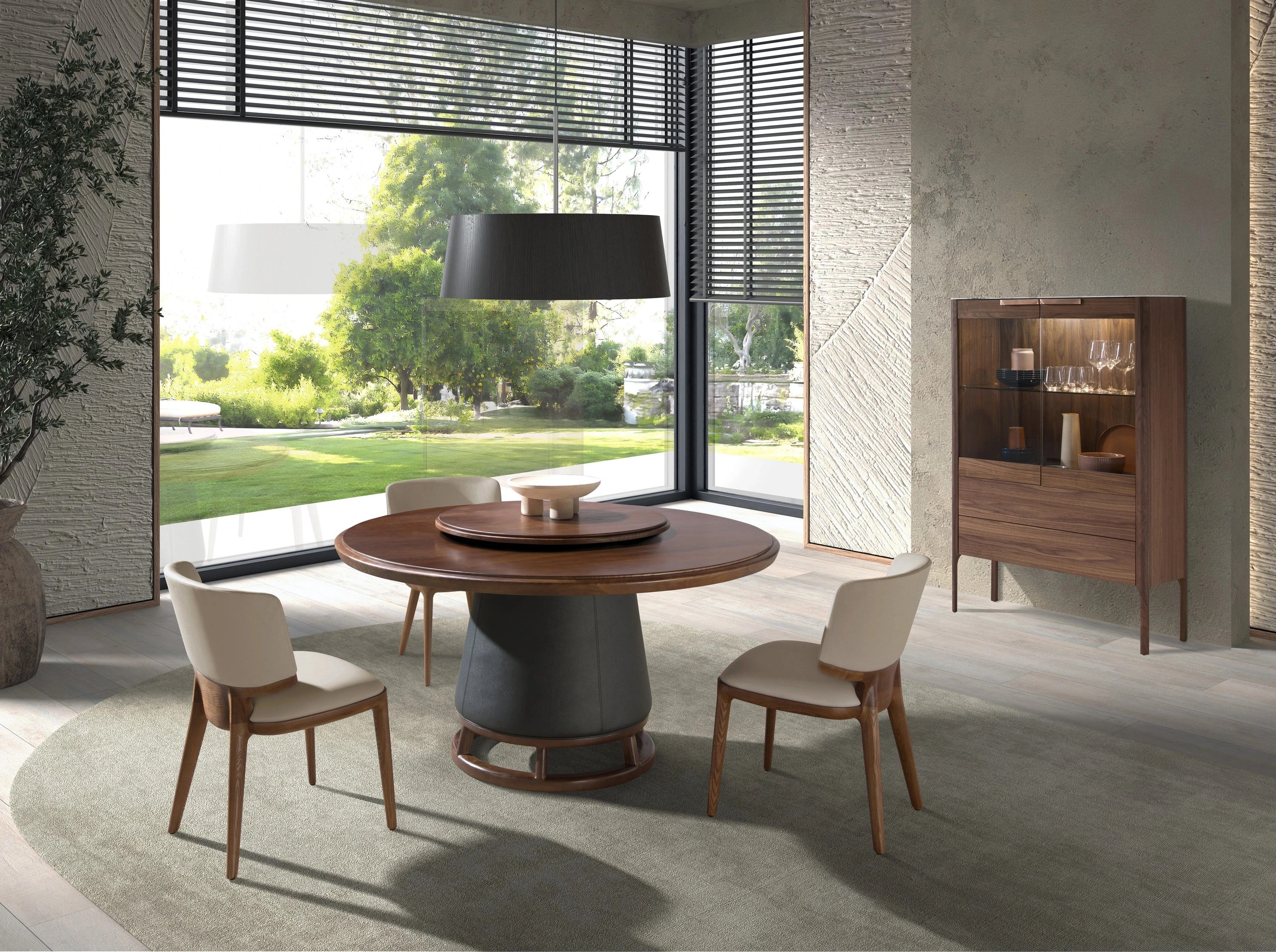 Buffet haut en noyer avec plateau en verre imitation marbre et éclairage intérieur