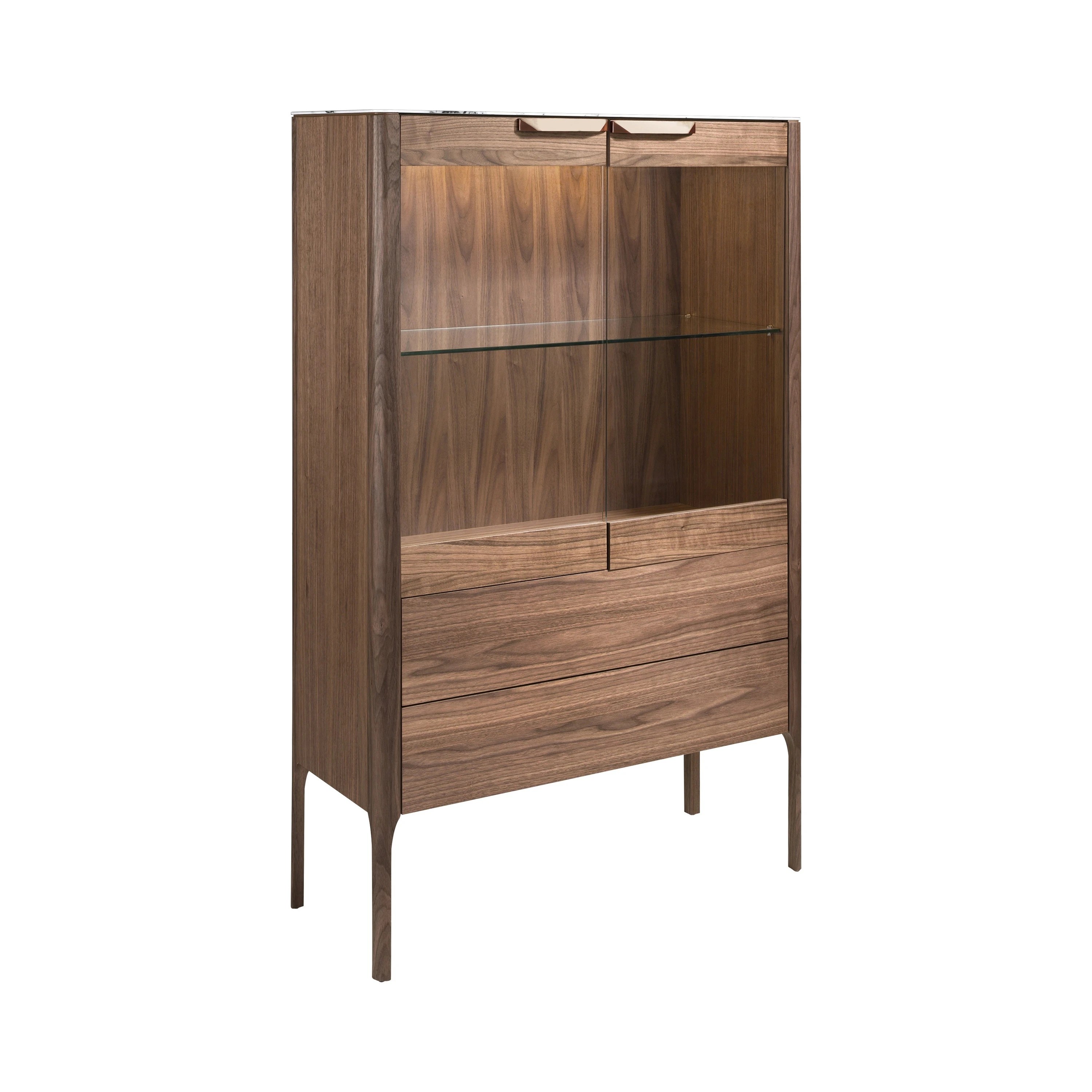 Buffet haut en noyer avec plateau en verre imitation marbre et éclairage intérieur