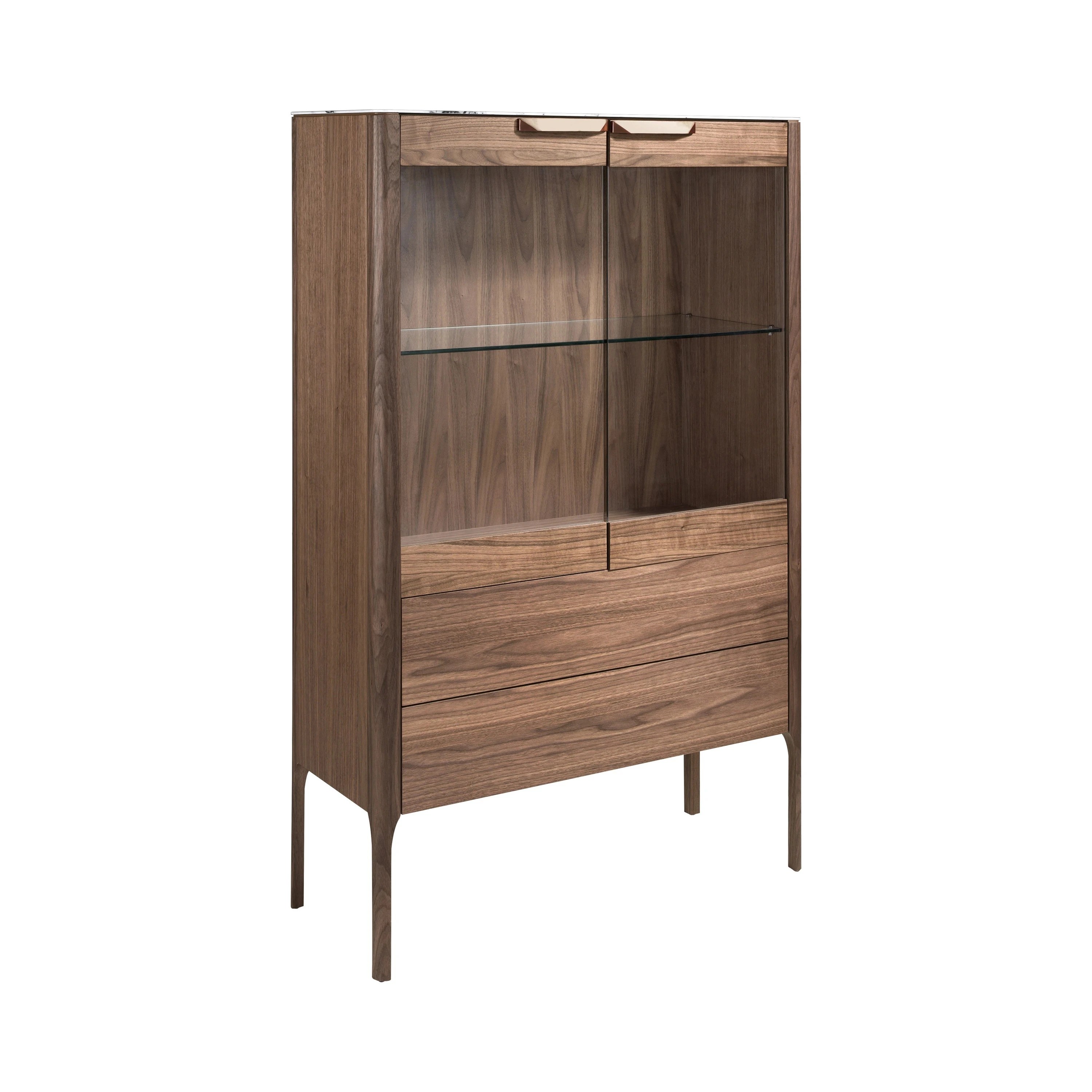 Buffet haut en noyer avec plateau en verre imitation marbre et éclairage intérieur